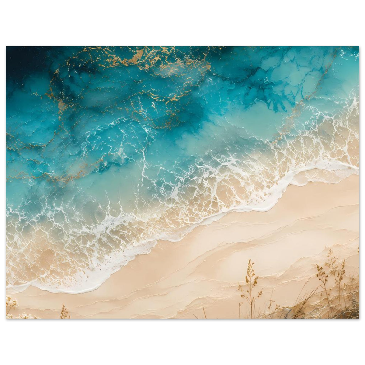 Küstenposter im Querformat mit türkisblauem Meer, weißem Wellenschaum und beigem Sand
