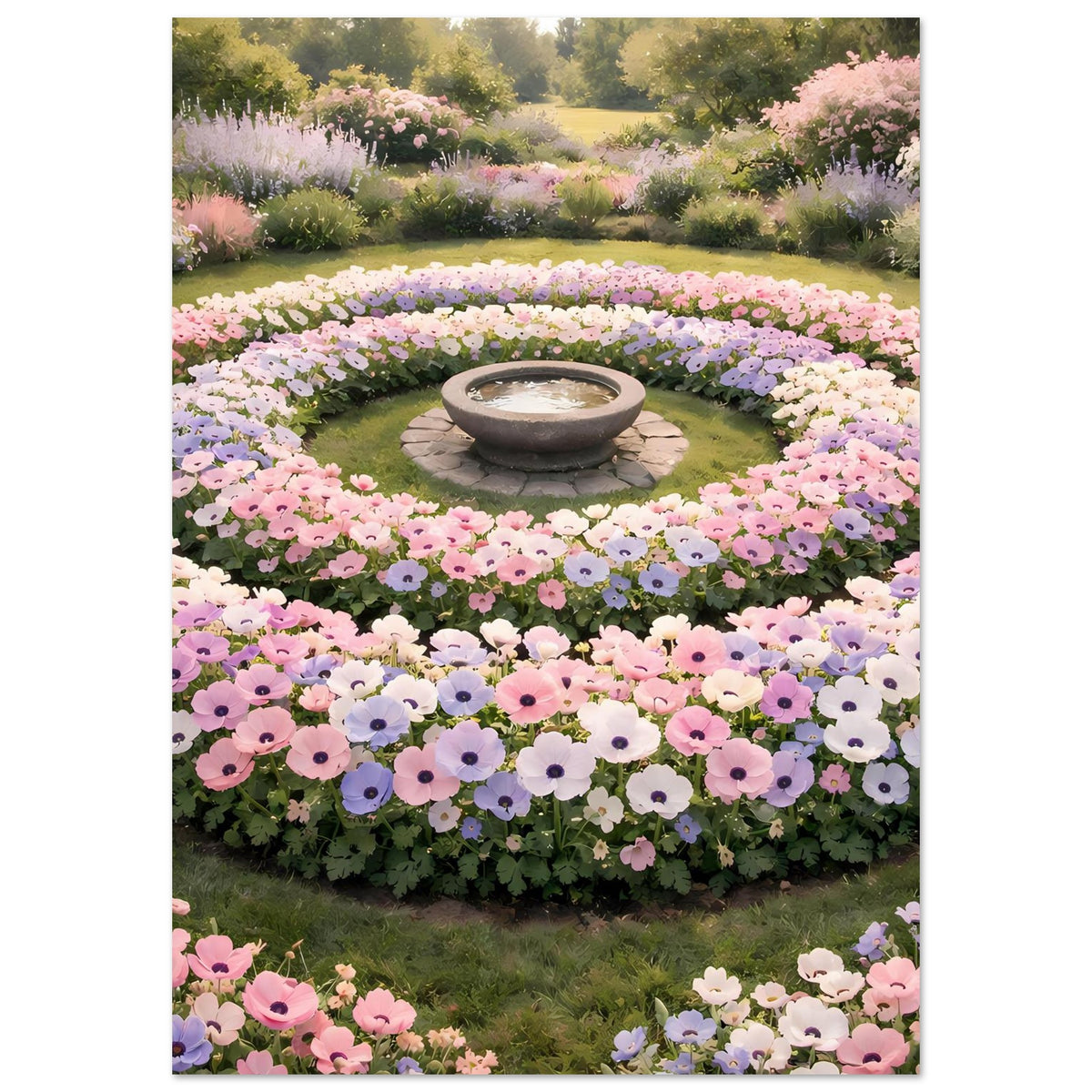 Hochformat-Poster mit pastellfarbenen Blütenringen und Schale in der Mitte