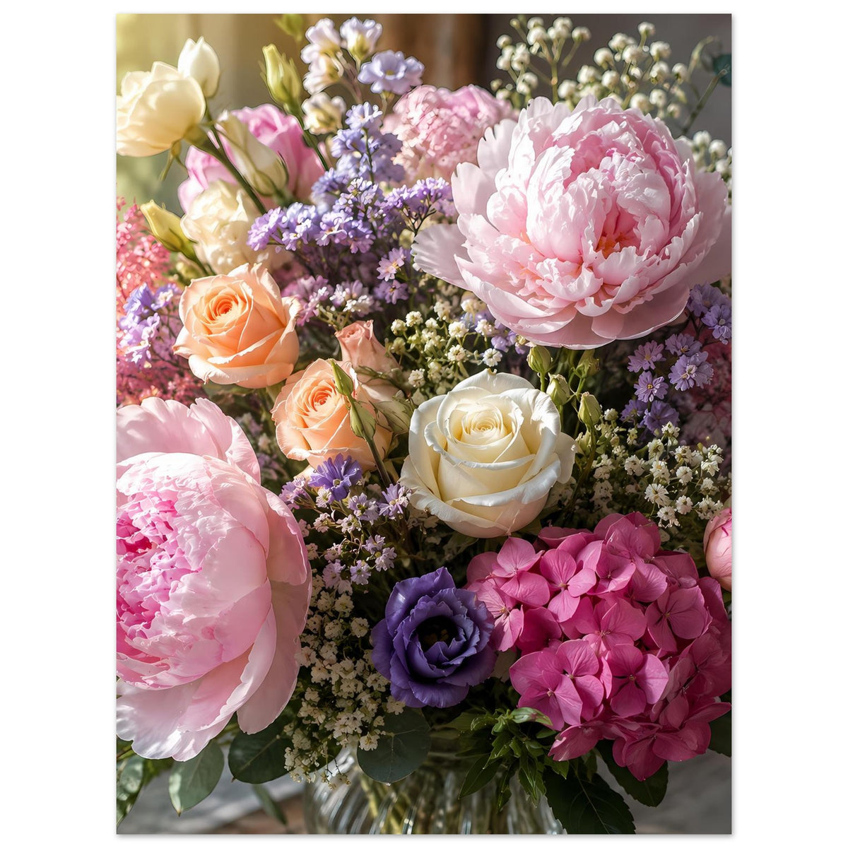 Blumenstrauß-Poster mit pastellfarbenen Pfingstrosen, Rosen, violetten Blüten und Details