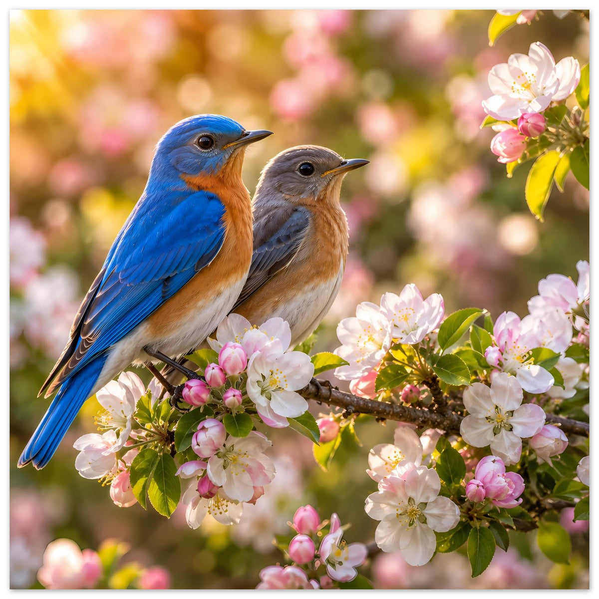 Vogelmotiv-Poster: zwei Vögel auf blühender Zweigspitze mit rosa Blüten