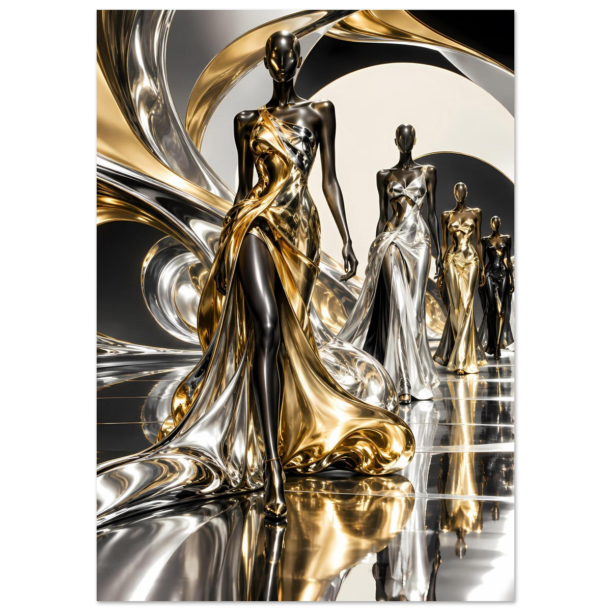 Poster mit goldener Hauptfigur, silbernen Statuen und schimmerndem Hintergrundkreis