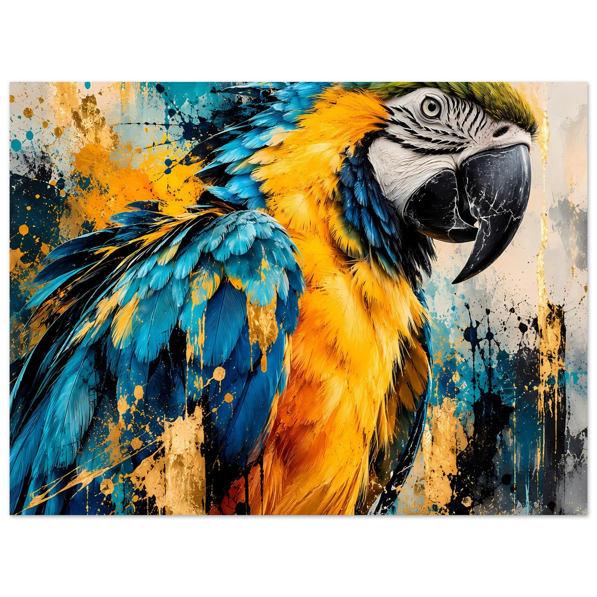 Parrot-Artposter, mittige Ansicht des Papageienkopfs und farbiger Federn
