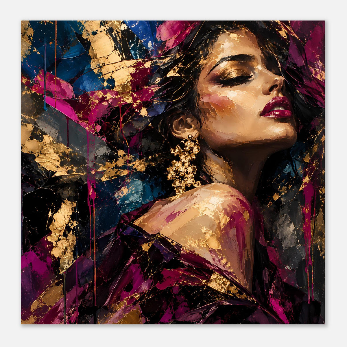 Poster mit Frauenporträt-Kunst: seitliches Gesicht und Schulter, goldene Ohrringe, bunte Farbflächen