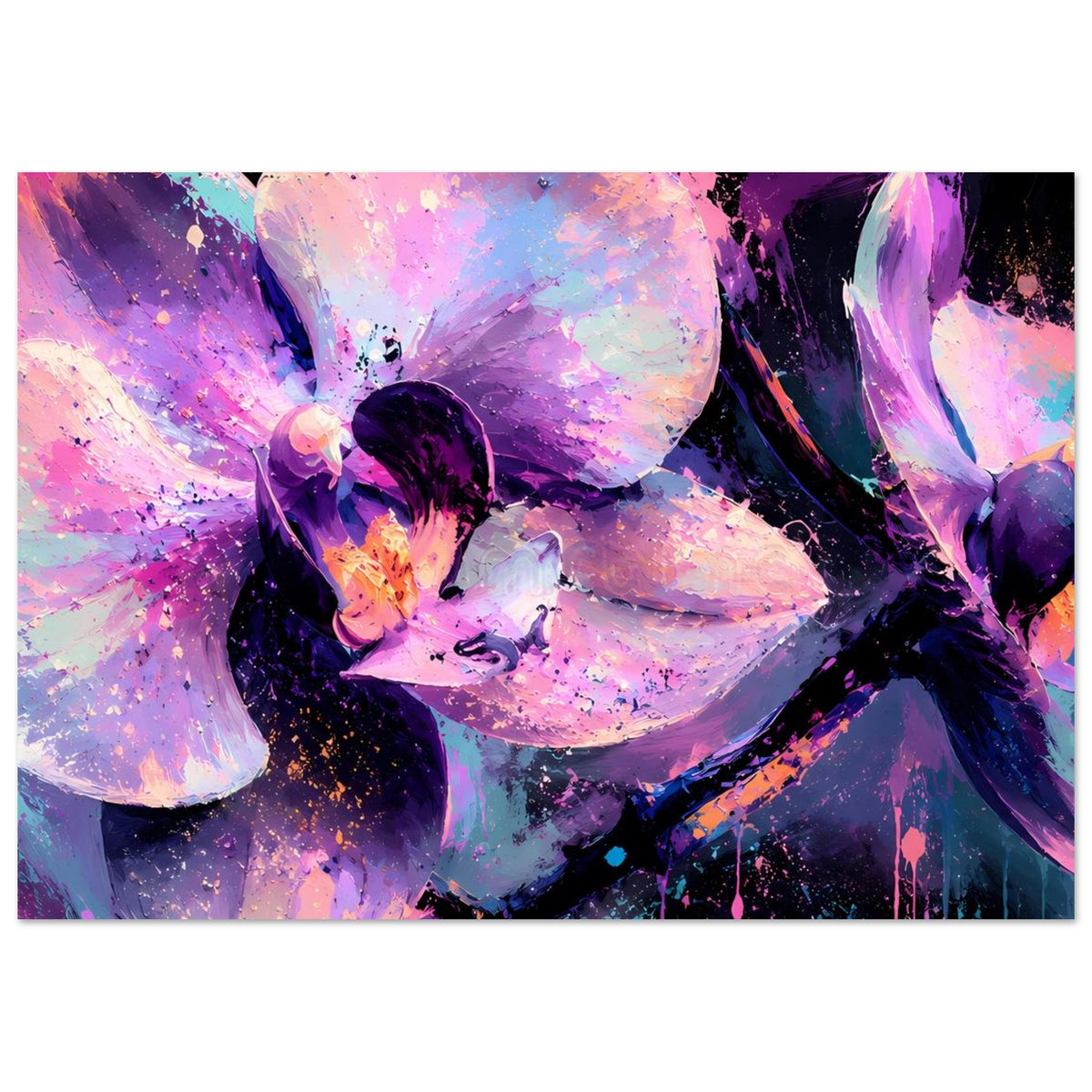 Neon-Orchideenposter mit geschwungenen Orchideenblüten in Pink und Violett