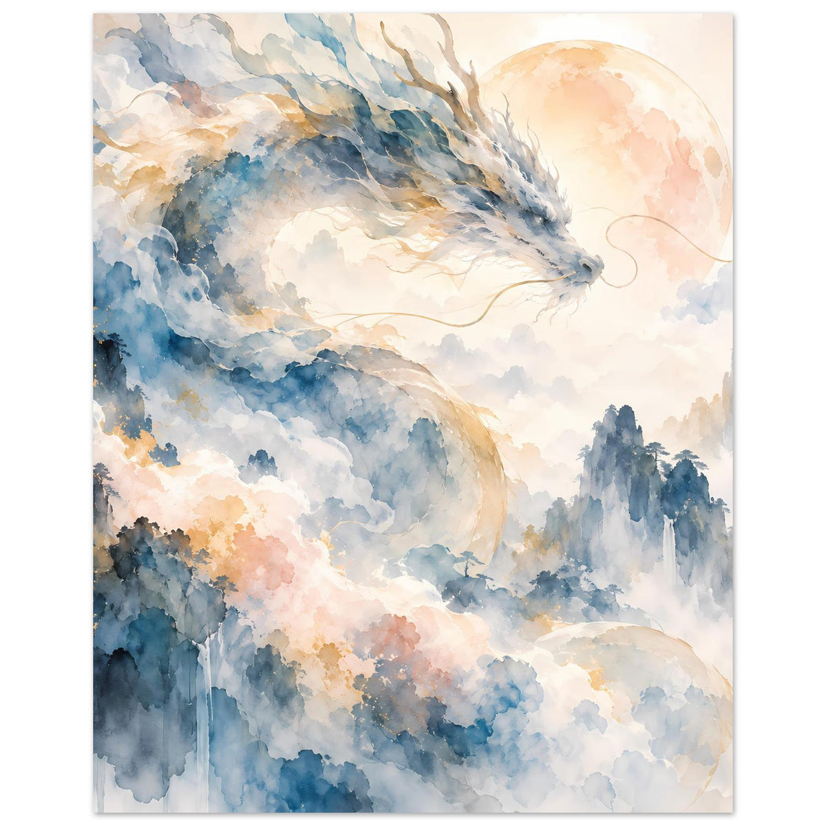 Fantasie-Aquarellposter mit Drachenkopf, hellen Wolken und hohen blauen Bergformen