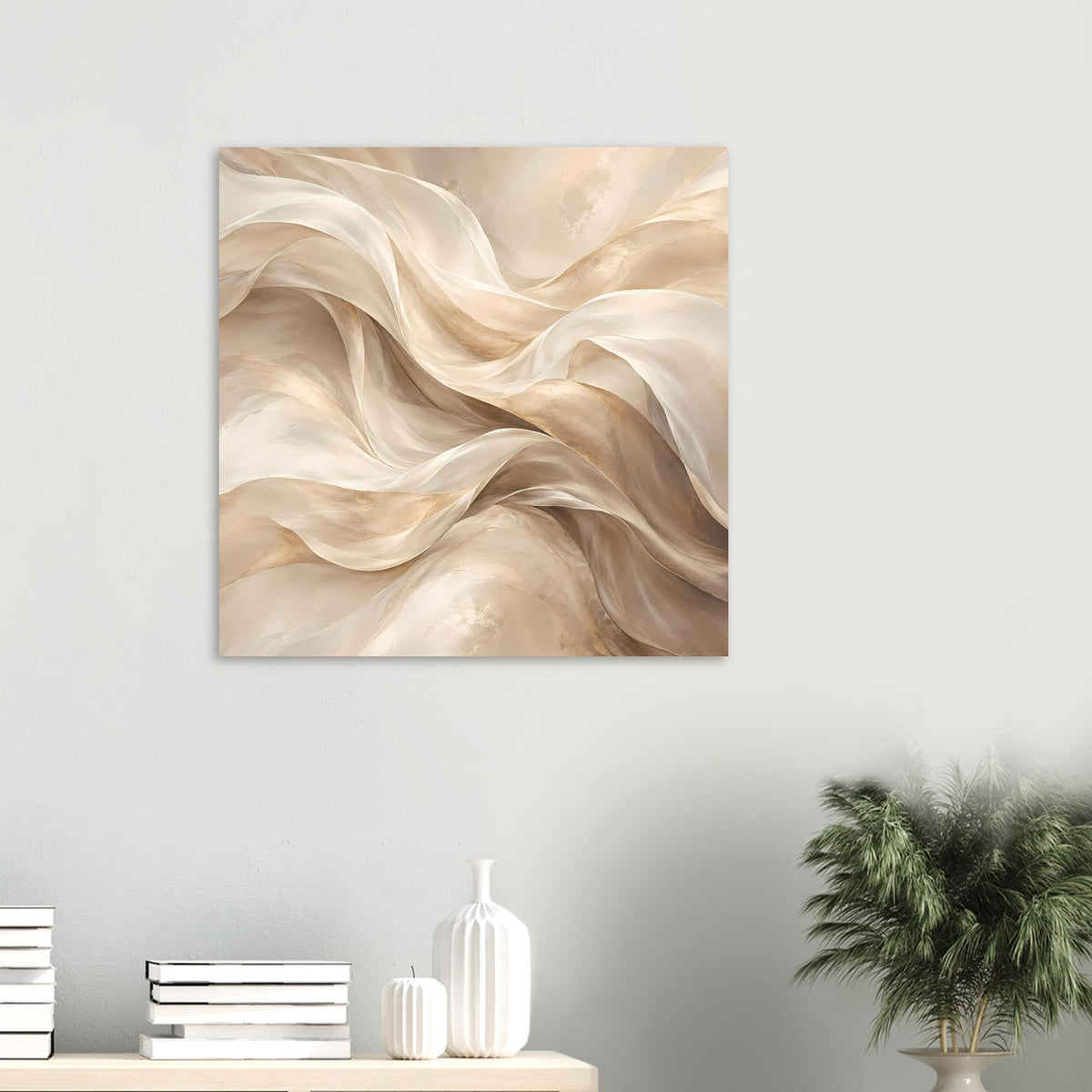 Abstraktes Fluss-Poster: quadratische Komposition mit beige-cremefarbenen Schleifen