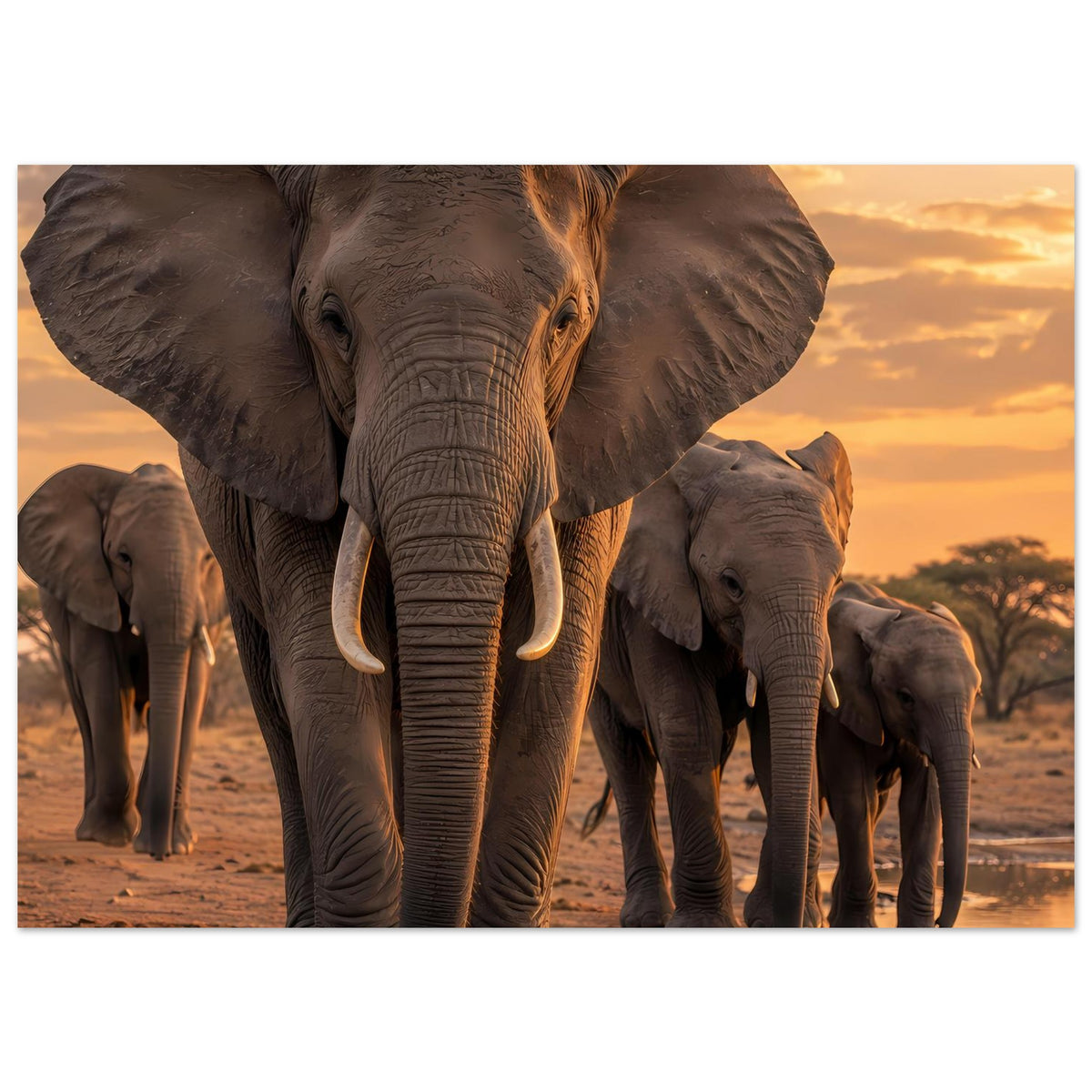 Wandposter quer: Elefantenherde, Nahansicht großer graubrauner Elefant mit Jungtiergruppe hinten.