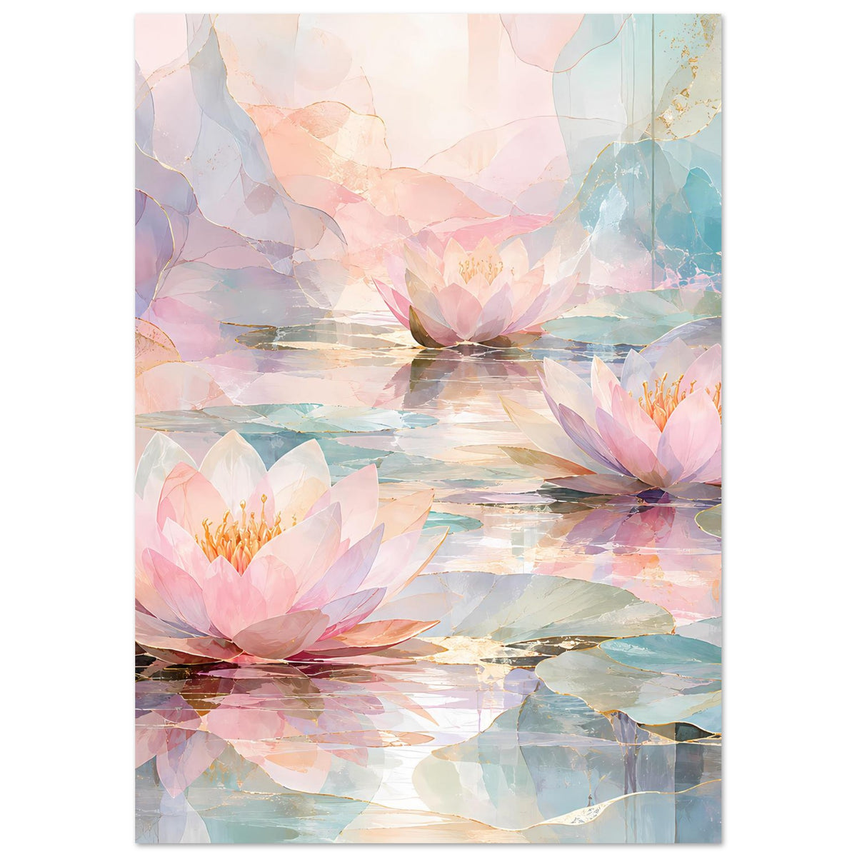 Floralposter mit Seerosen auf ruhigem Wasser in Pastelltönen, Hochformat