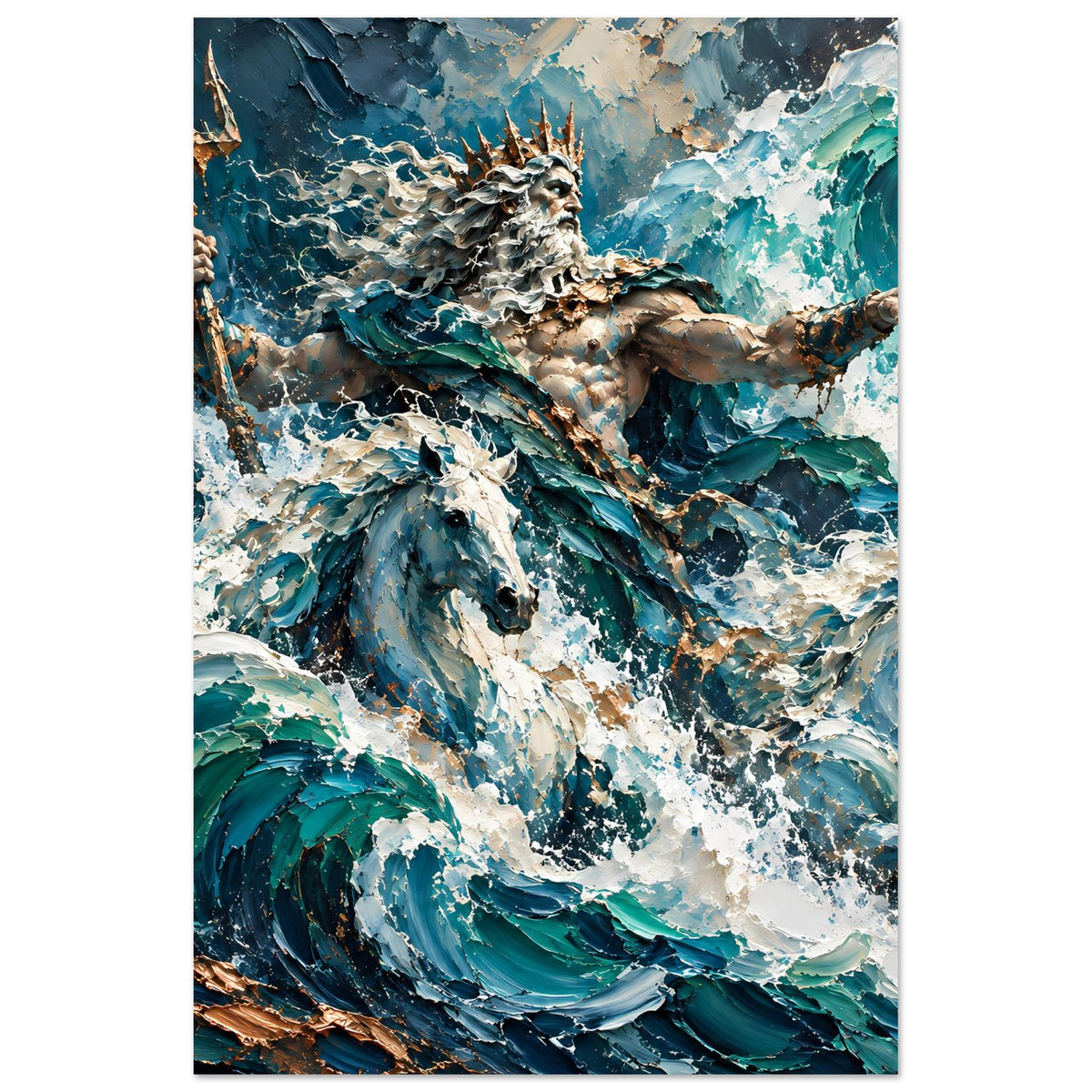 Poster mit Neptunfigur im Meer, muskulöser Mann mit Dreizack zwischen blauen Wellen