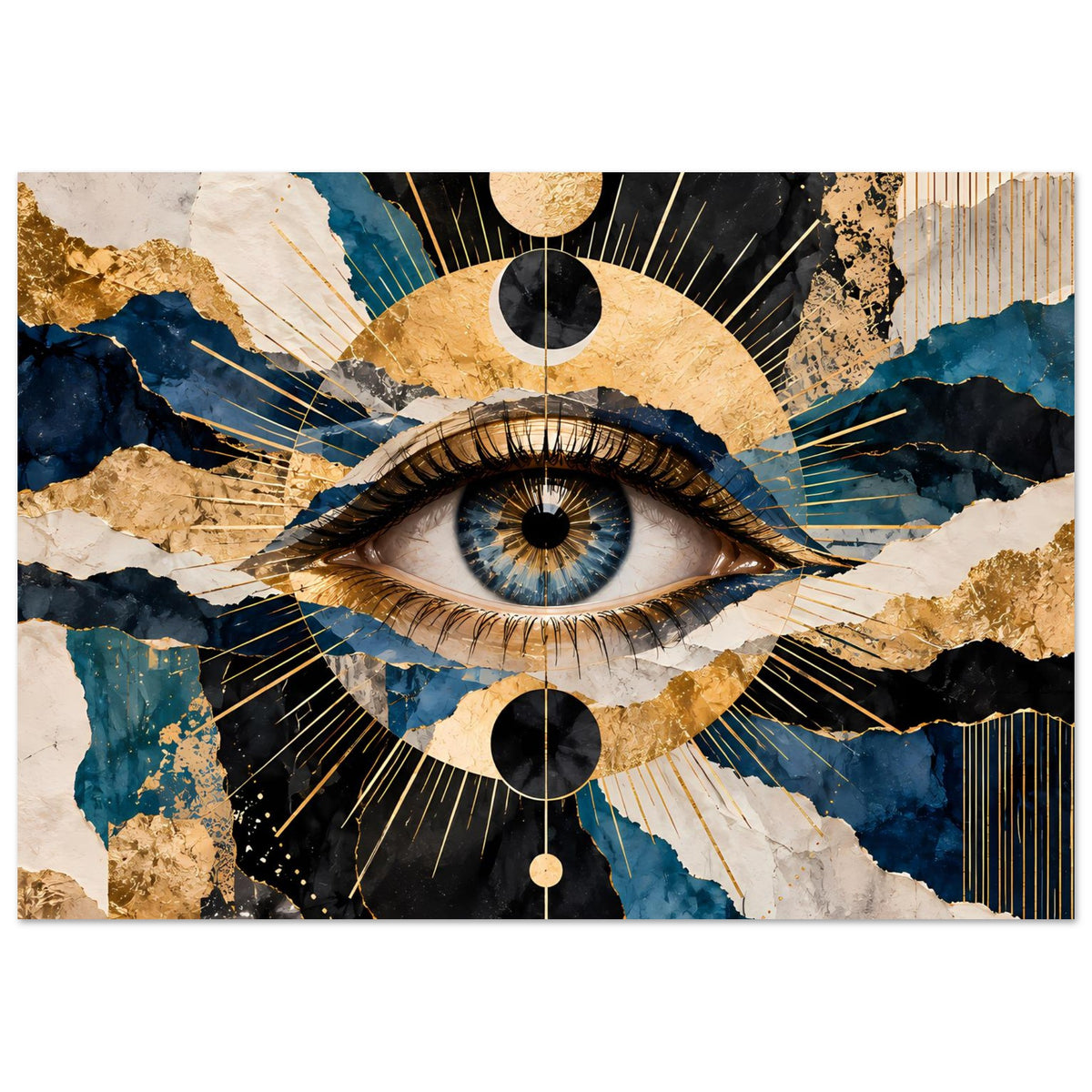 Kunstposter im Querformat: zentriertes Auge mit goldenen Strahlen, Marmoroptik in Blau & Gold