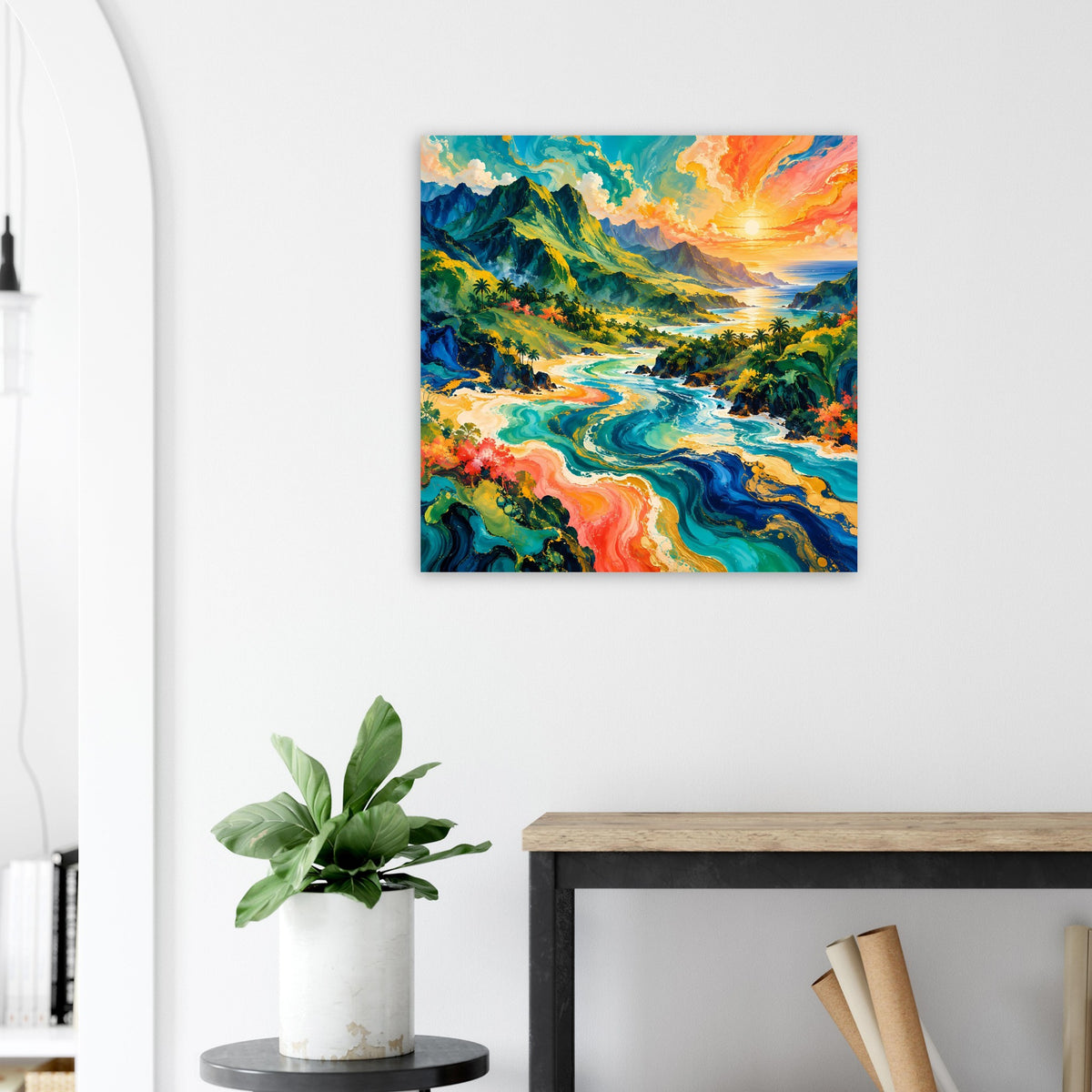Quadratisches Poster mit tropischer Flusslandschaft, Türkis- und Orangetönen, leuchtendem Himmel