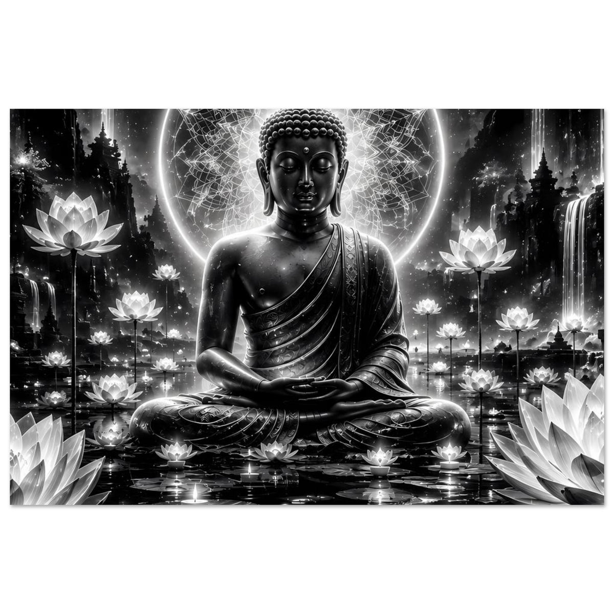 Buddha-Poster im Meditationssitz, schwarzweiß mit Leuchtring und Lotusblüten, querformat