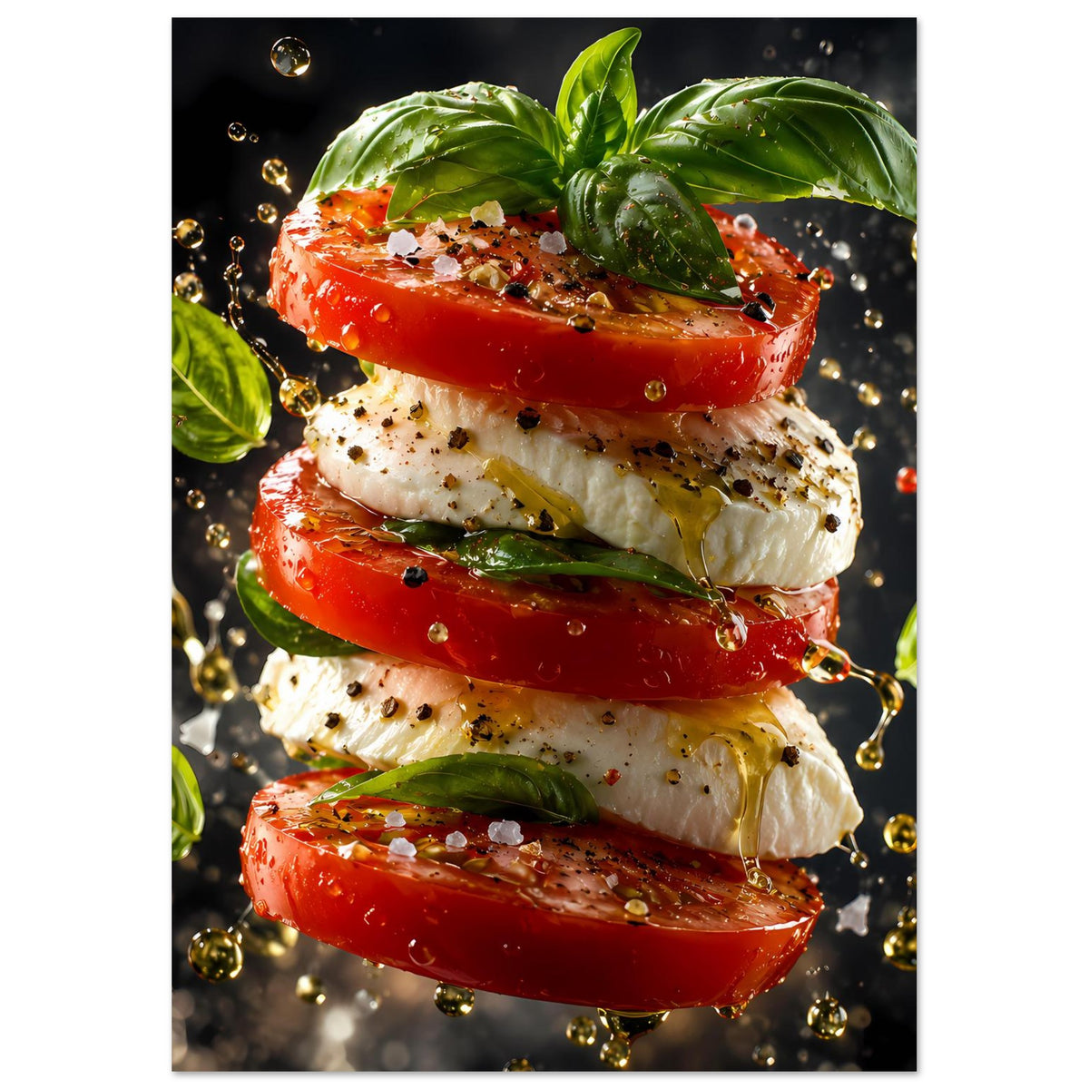 Vertikales Küchenposter mit Stapel aus Tomate, Käse und Basilikum, mit Tropfen und Gewürzen