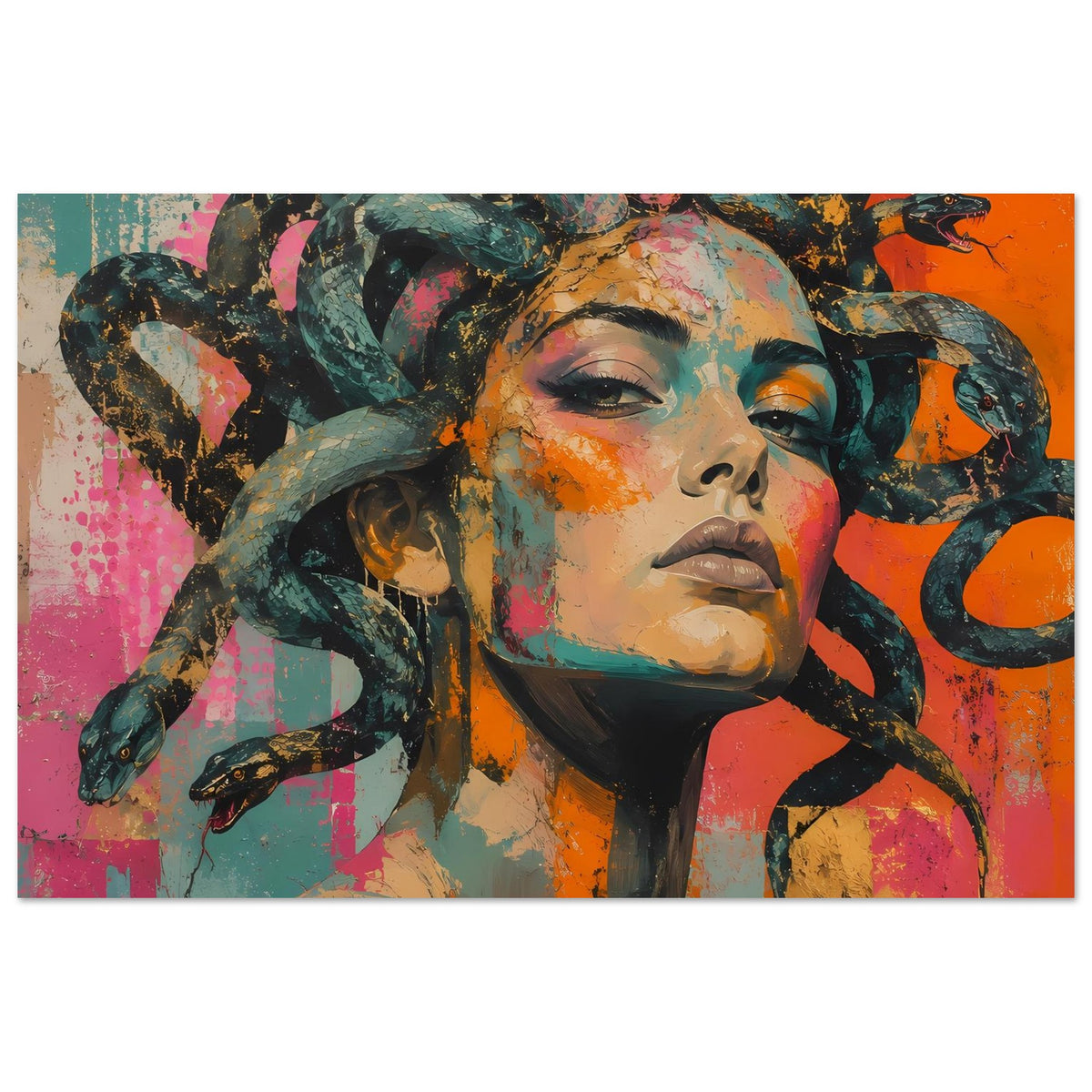 Buntes Kunstposter mit Medusa: Schlangenhaar in Blau-Grün mit Pink-Akzenten
