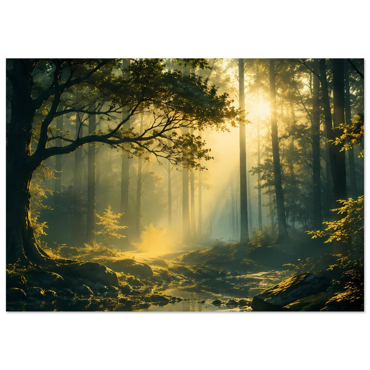 Querformat-Poster: Äste im Vordergrund, Sonnenlicht im Nebel, ruhiger Bach im Wald.