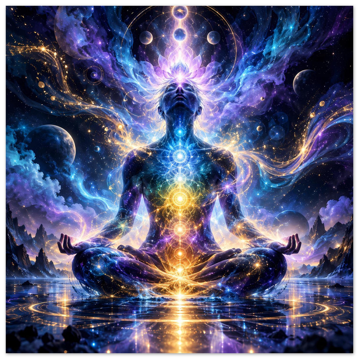 Spirituelles Poster im Hochformat: Meditationsfigur mit leuchtenden Energiepunkten im All