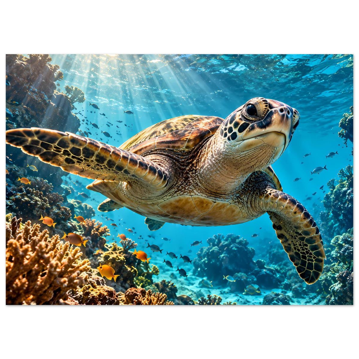 Unterwasser-Schildkrötenposter im Querformat: Meeresschildkröte mit Flossen im hellblauen Wasser