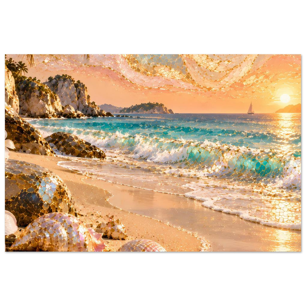 Horizontales Poster mit Sonnenuntergang am Meer, Muscheln am Strand und goldenen Akzenten
