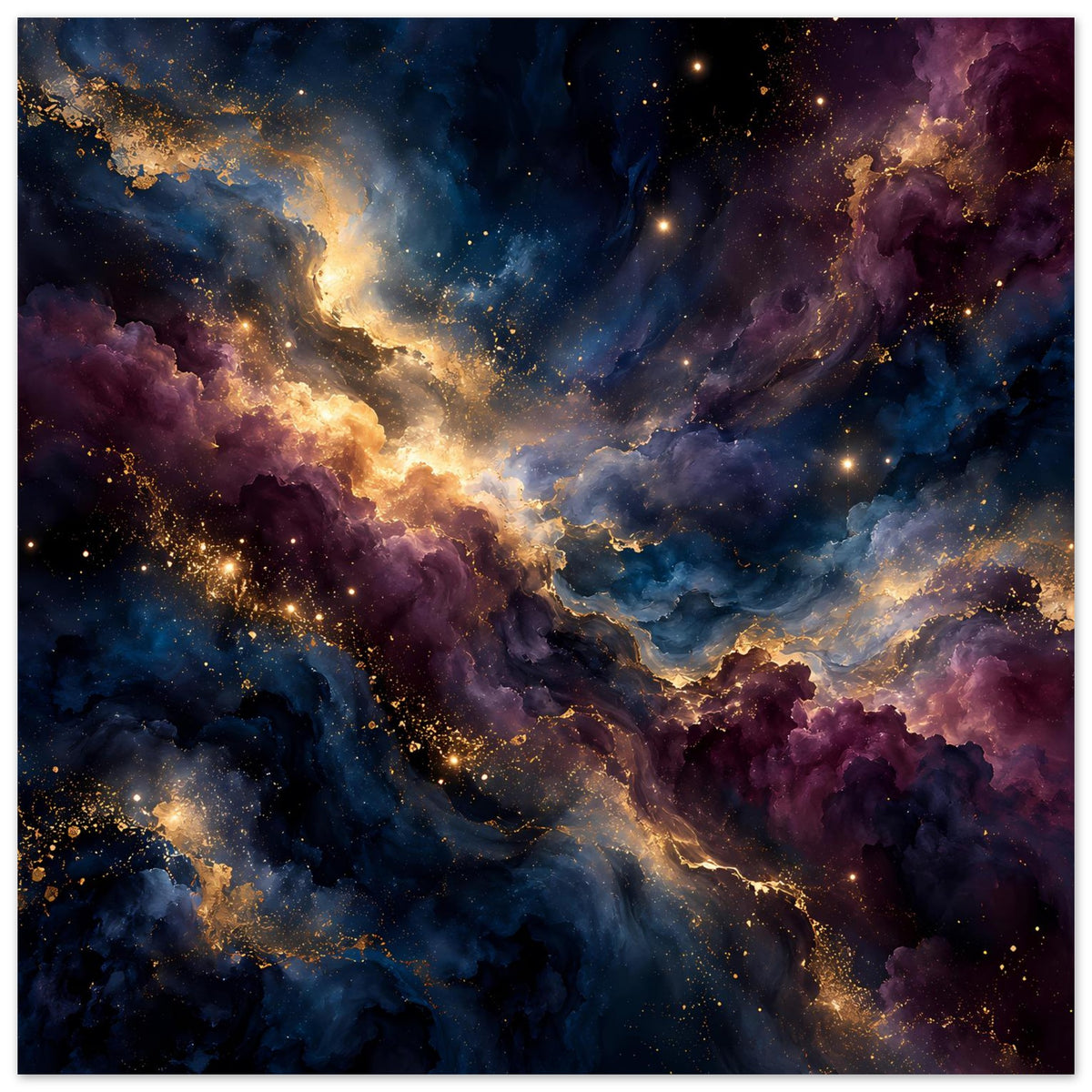 Poster mit Weltraumgalaxie: leuchtende Nebel, goldene Sterne und dunkle Blautöne, horizontal