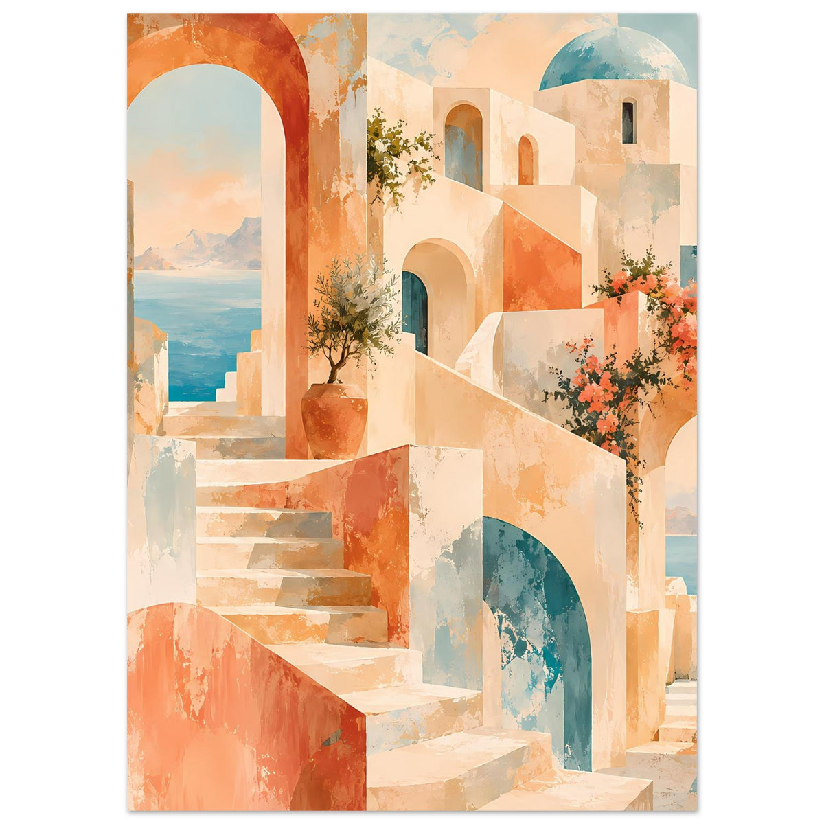 Kunstposter mit Treppe, Rundbögen und türkisblauer Türöffnung in warmen Farbtönen