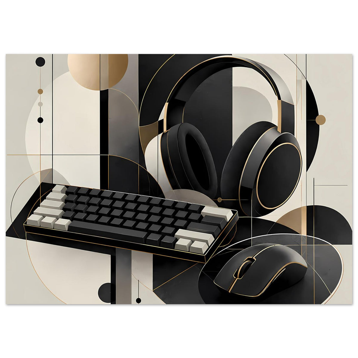 Gaming-Poster mit schwarzem Headset, Tastatur und Maus, Gold- und Creme-Kreise im Design