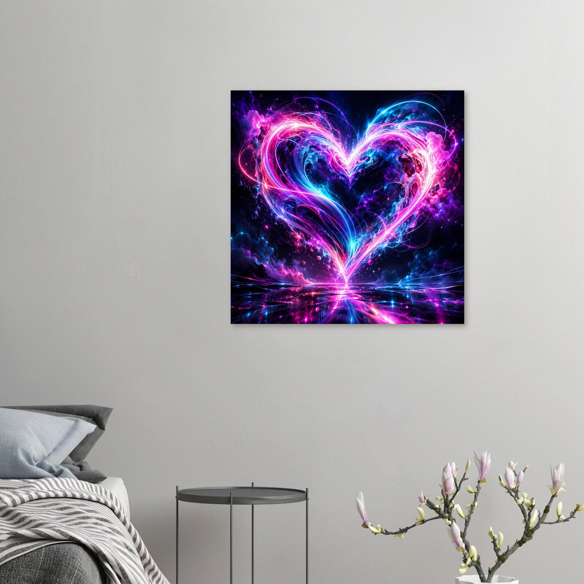 Kleines Kunstposter im Hochformat mit Neon-Herz in Pink und Blau