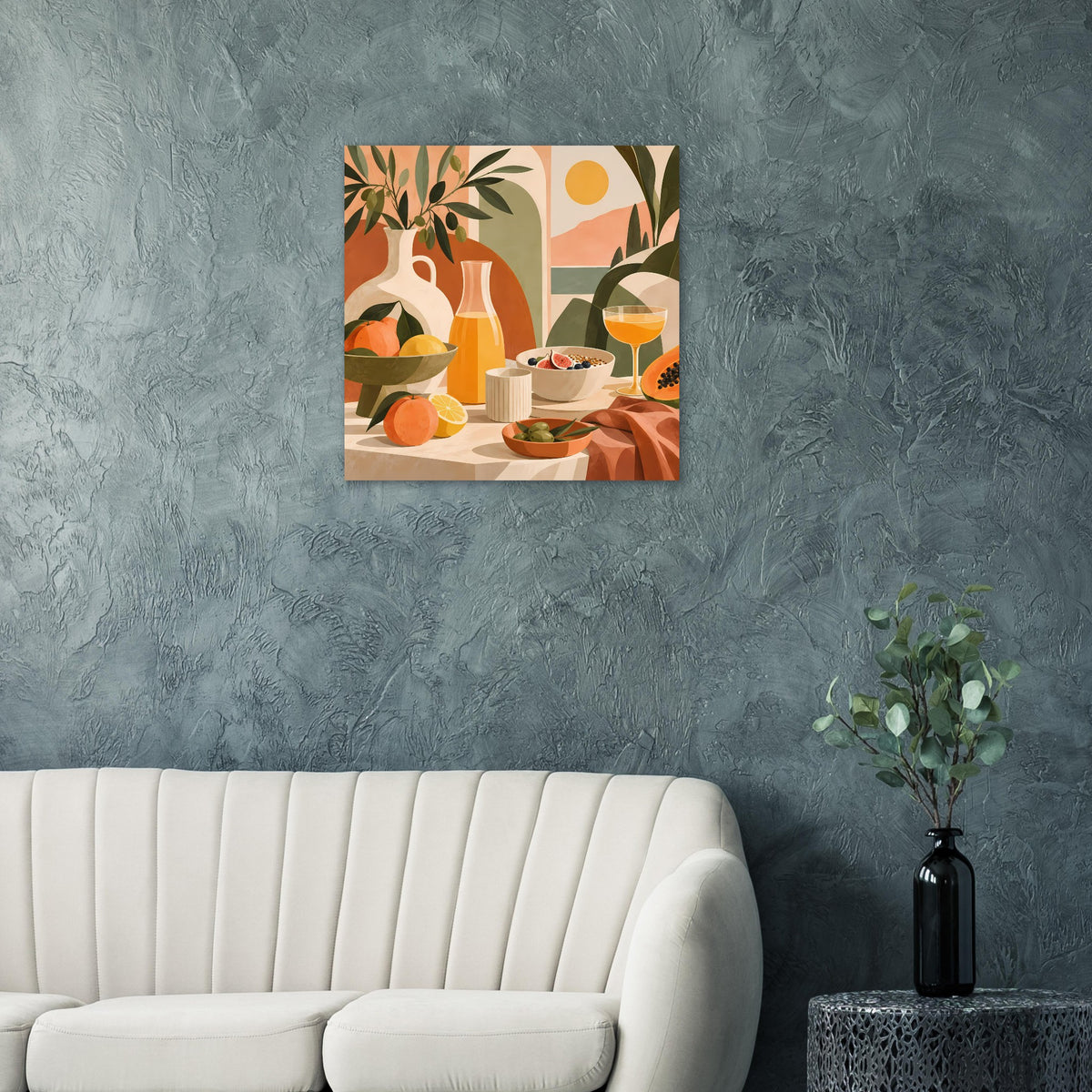 Stillleben-Poster mit Vase, Obst und Pflanzenmotiven in warmen Boho-Farben, gerahmt
