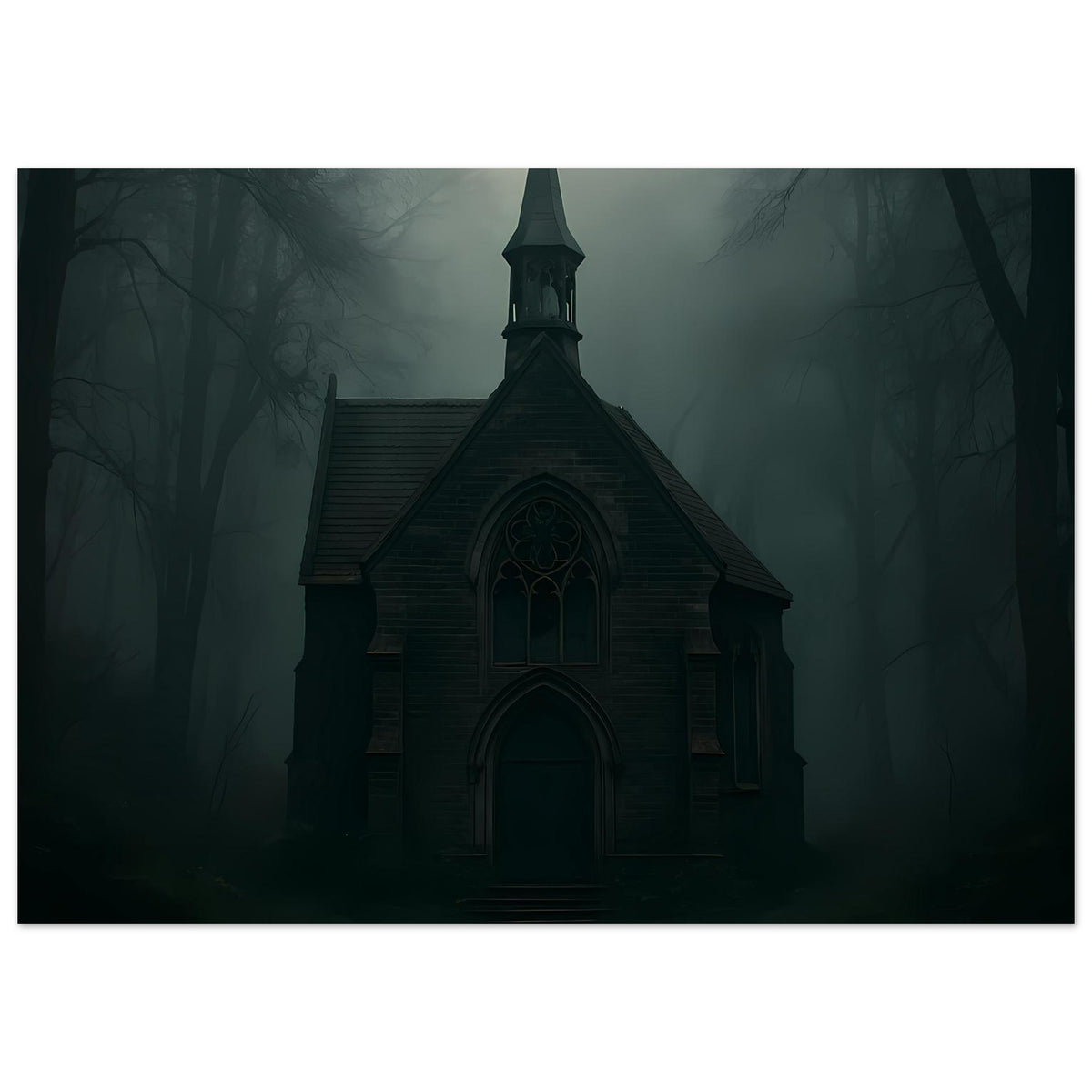 Poster mit dunkler Kapelle, Turm mit Kreuz und geschwungenem Fenster über Rundbogen