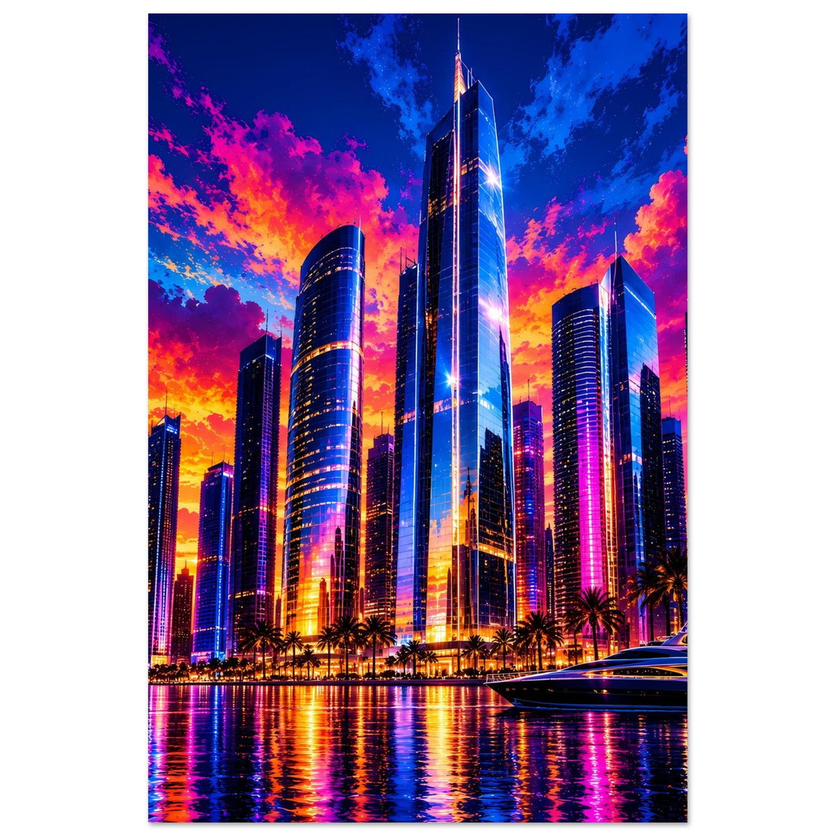 Stadtposter mit leuchtender Skyline, markantem Hochhaus in der Mitte und Palmen am Ufer