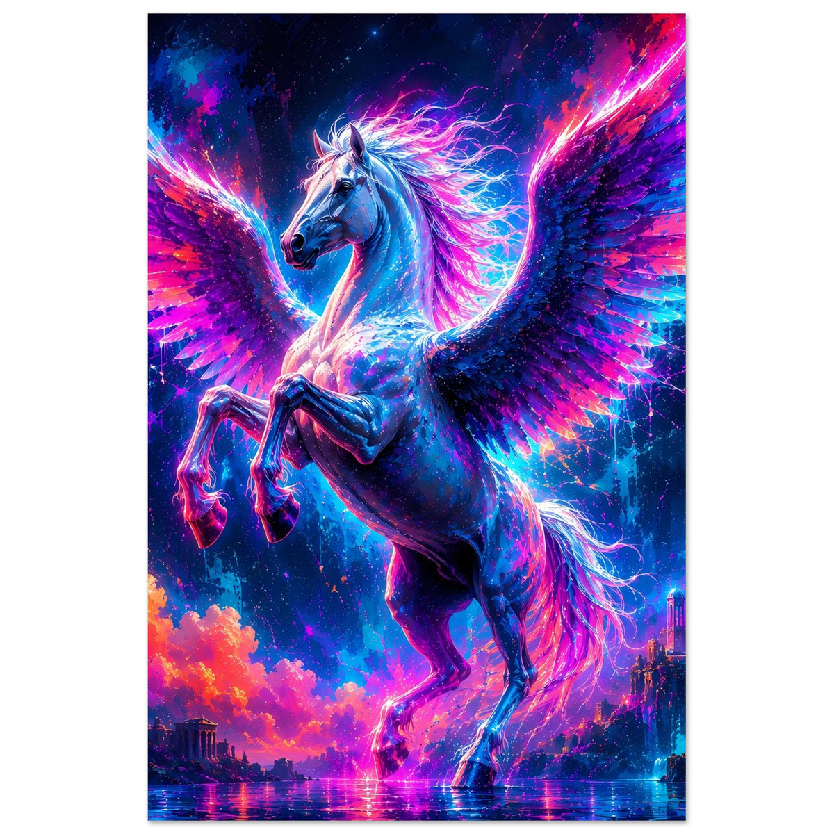 Leuchtendes Pegasus-Poster, Hochformat: leuchtender blauer Pegasus mit Flügeln
