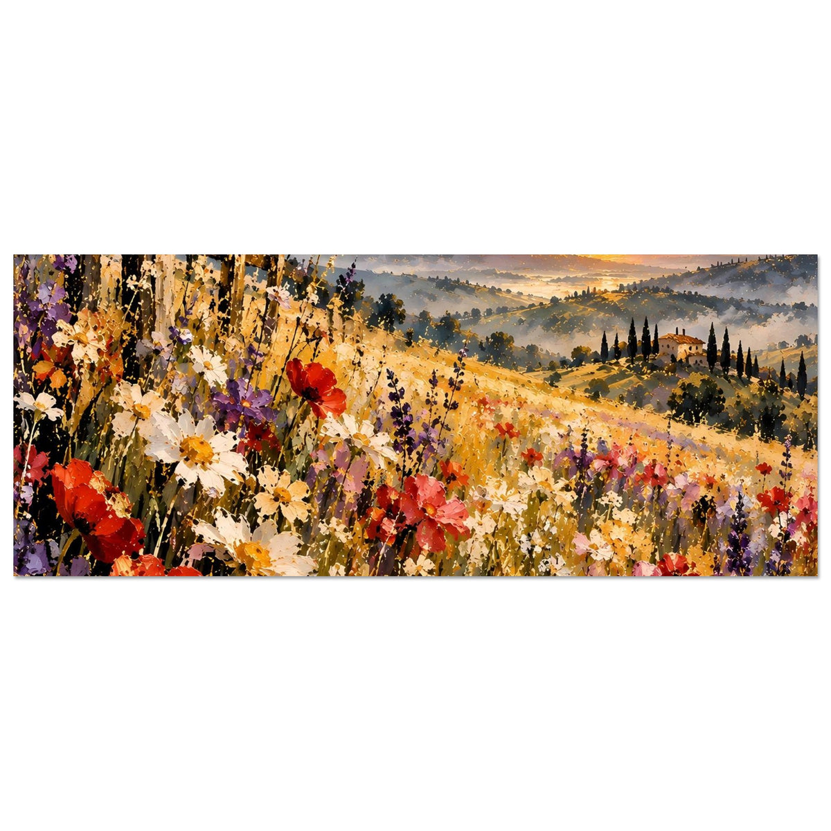 Breites Landschaftsposter: Blütenwiese und rote, weiße und violette Blumen im Abendhimmel