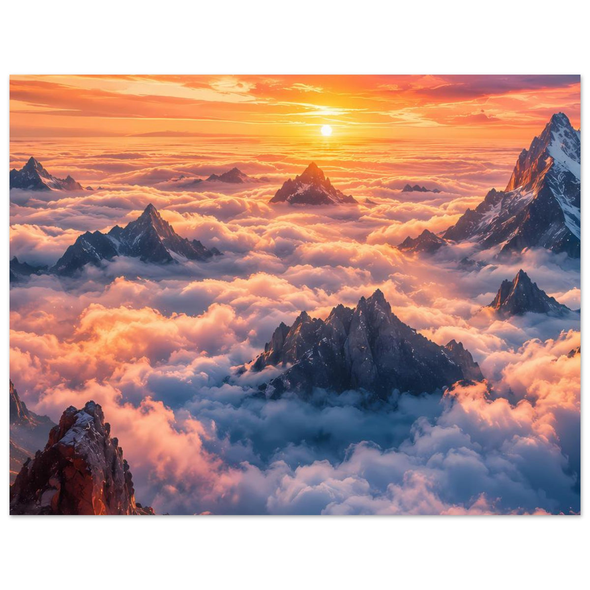 Poster mit Bergpanorama und Sonnenaufgang über Wolken, breites Format