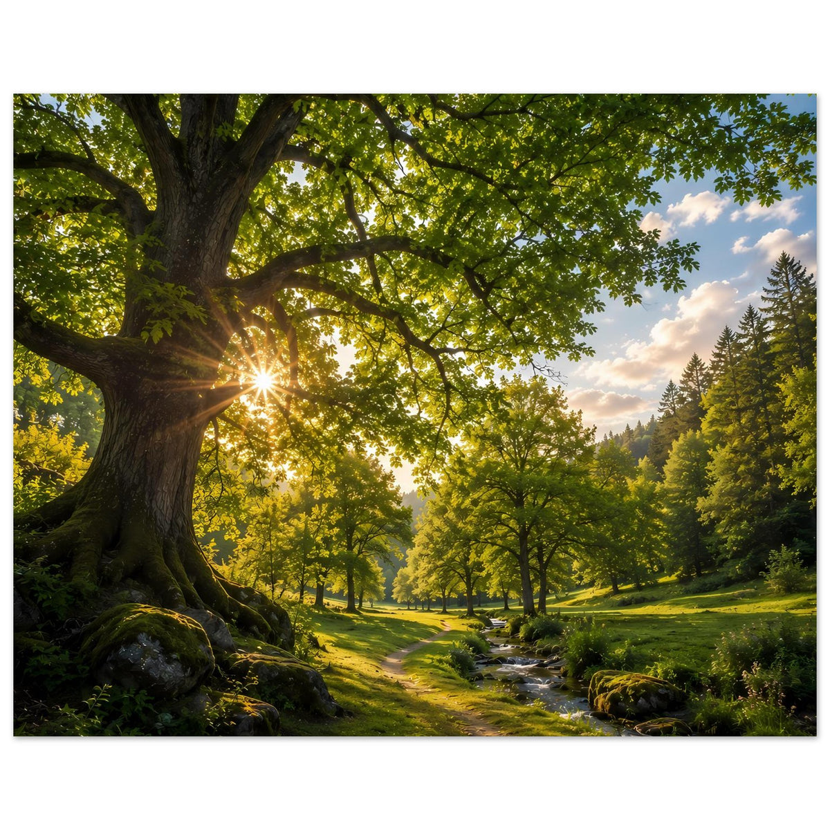 Horizontales Poster: Waldweg zwischen Bäumen mit Sonnenstern und Bachlauf