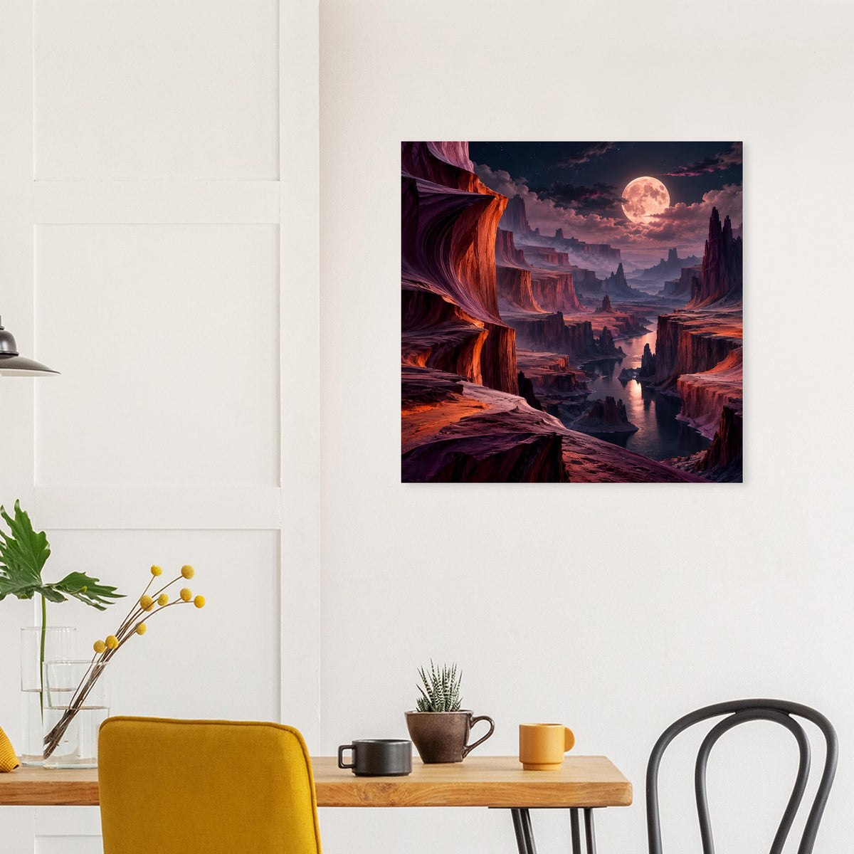 Quadratisches Landschaftsposter im schwarzen Rahmen mit rotem Canyon, Wasserweg und Vollmond