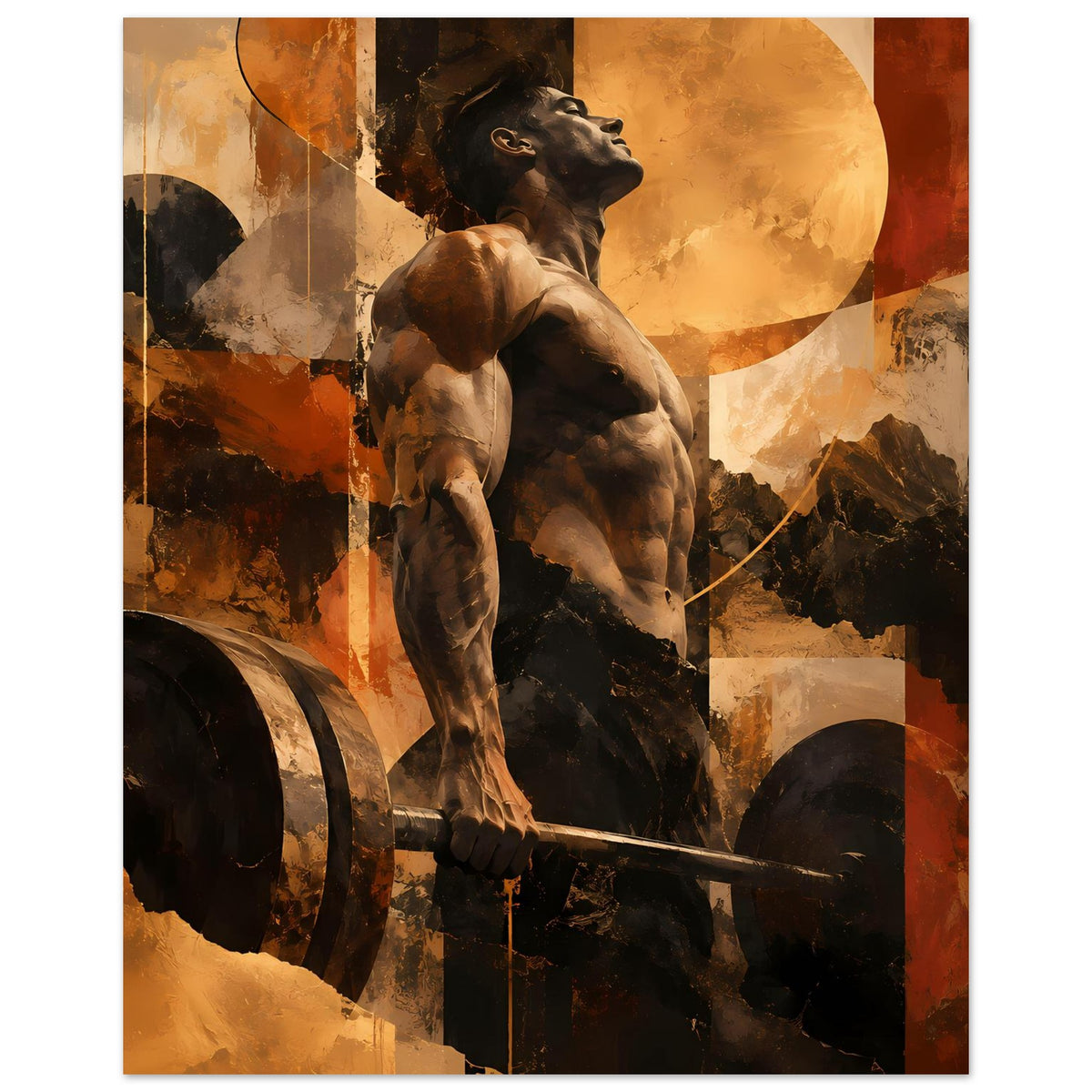 Fitness-Artposter (Querformat): muskulöser Hund, Hantelstange und abstrakte Texturen