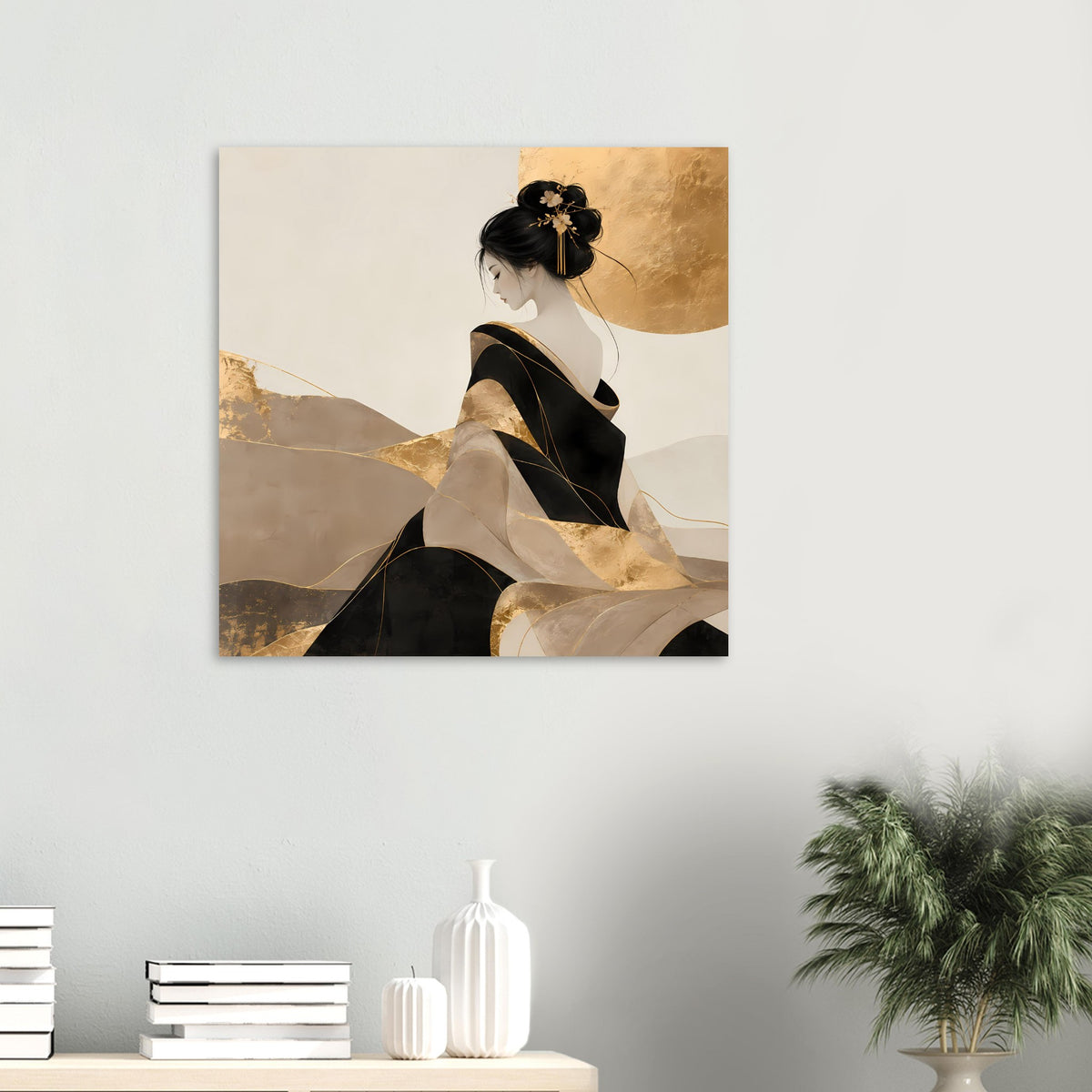 Elegantes Kunstposter: Frau im Profil, schwarz-goldenes Motiv, abstrakte Linien