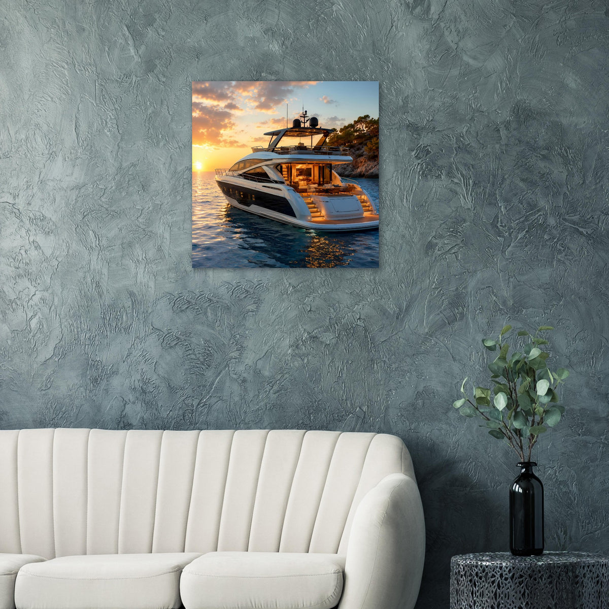 Poster mit Yacht am Sonnenuntergang, orange Himmel und spiegelndes Meer