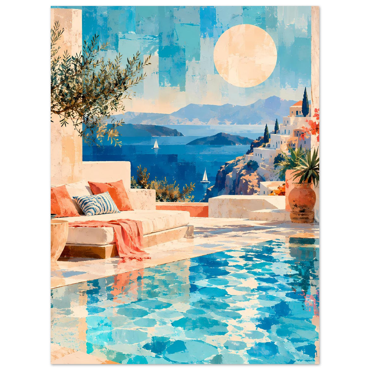Kunstdruck mit Pool und Aussicht, Liegestühle, Olivenzweig links, Blumentopf rechts und Sonne