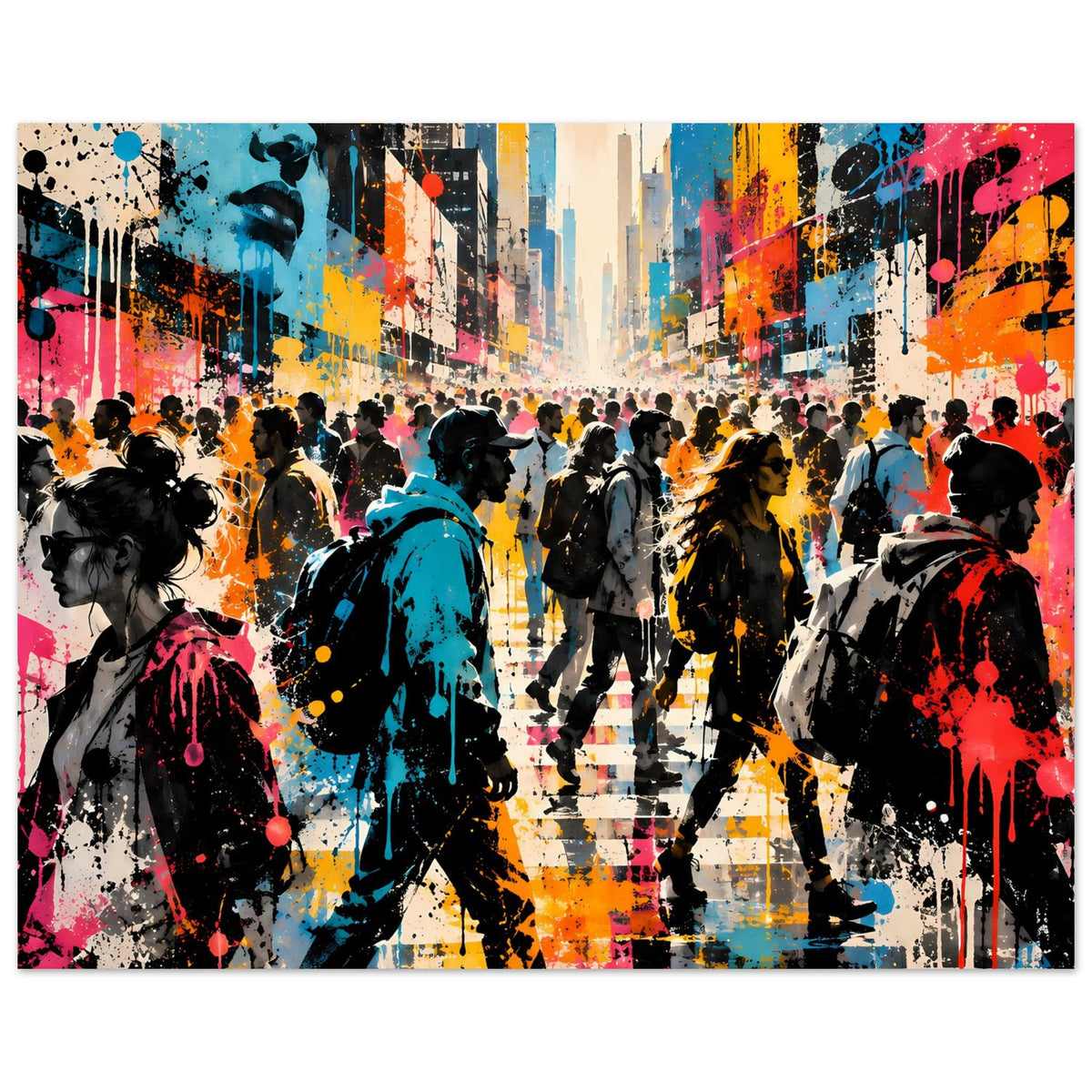 Street-Art-Poster mit Stadtstraße voller Menschen, gelb-orange, blau und pink gesprenkelt, rechteckig