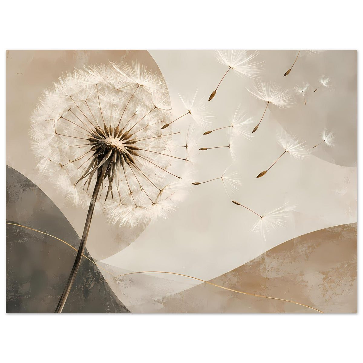 Poster im Querformat mit Pusteblume, weißen Samen und abstrakten beige-grauen Formen