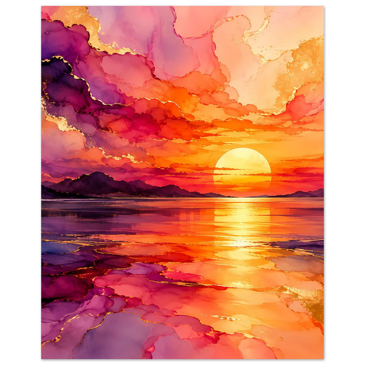 Vertikales Poster mit Sonnenuntergang: violett-orange Wolken und goldene Sonne am Horizont