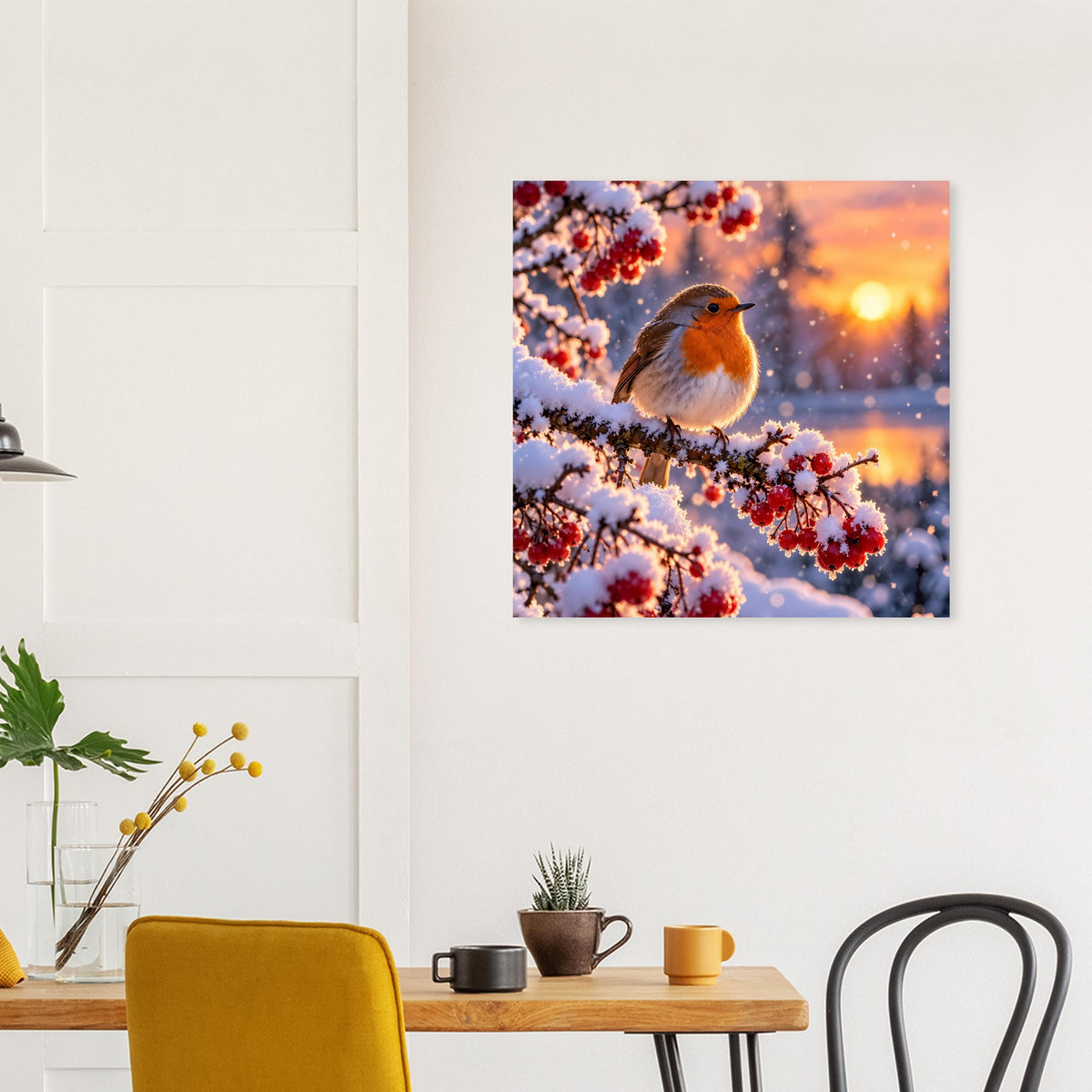 Quadratisches Poster zeigt Rotkehlchen auf verschneiten Zweigen mit roten Beeren.
