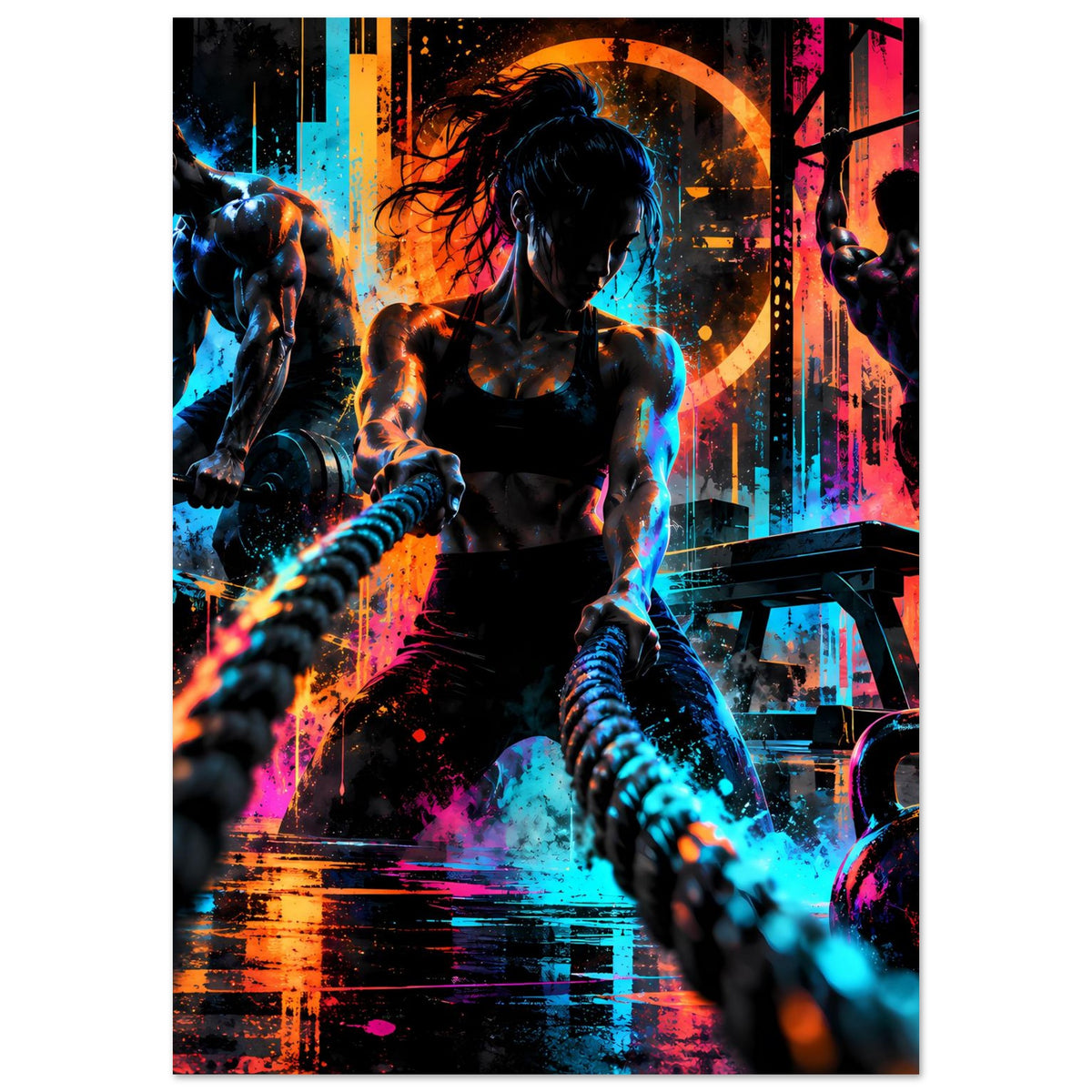 Neon-Fitnessposter, Hochformat: Athleten beim Krafttraining, Neonfarben, Spritz- und Farbflächen.
