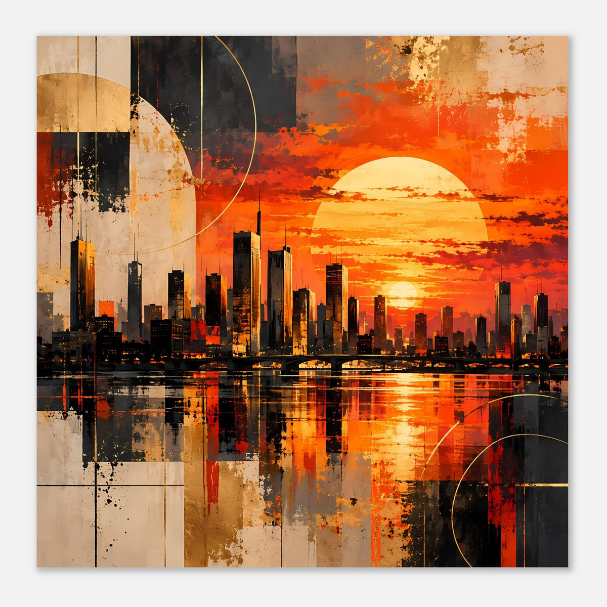 Poster mit orangefarbenem Sonnenuntergang, abstrakter Skyline und Kreisbogen-Elementen