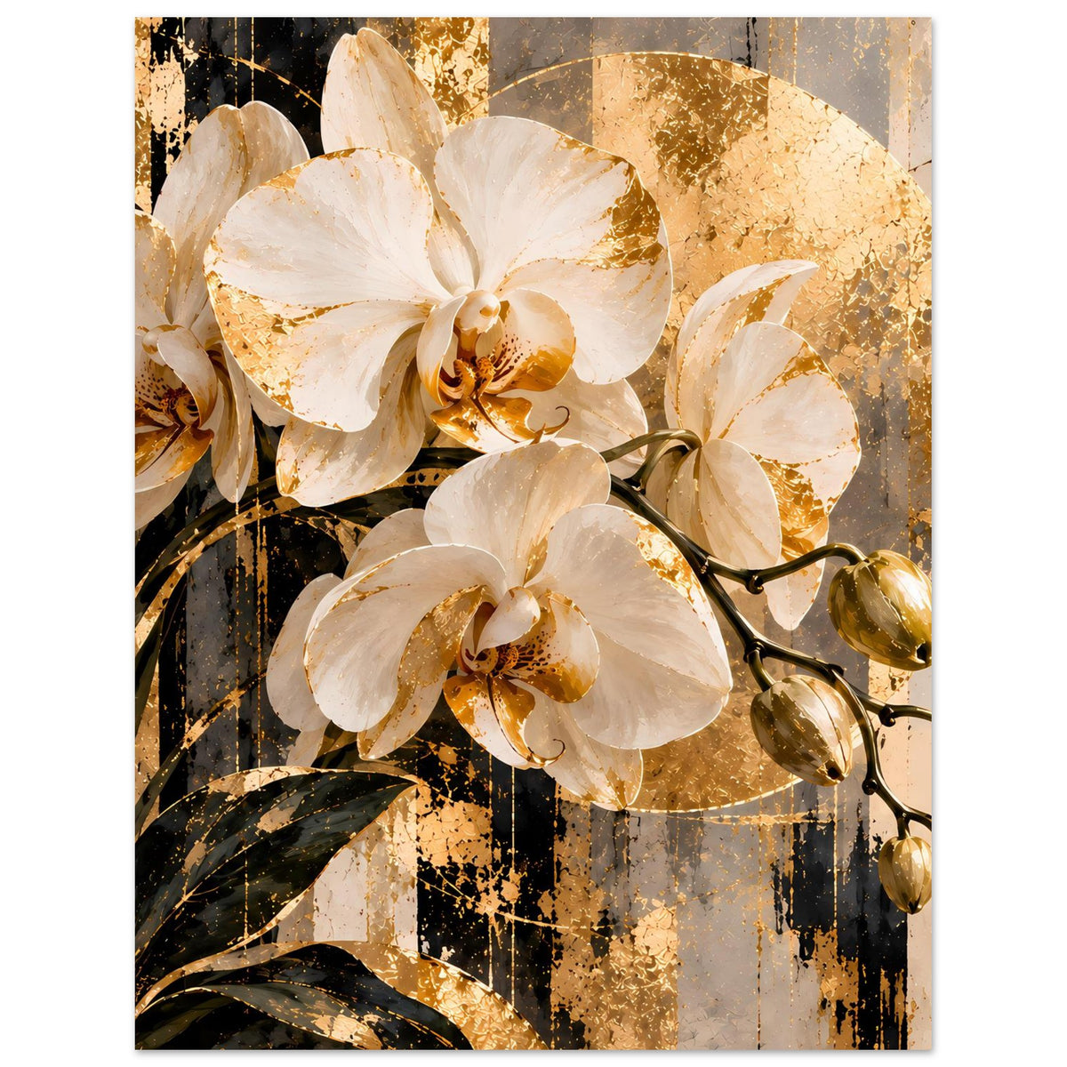 Blumenposter mit weißen Orchideen, goldenen Highlights und dunklen Blattformen.