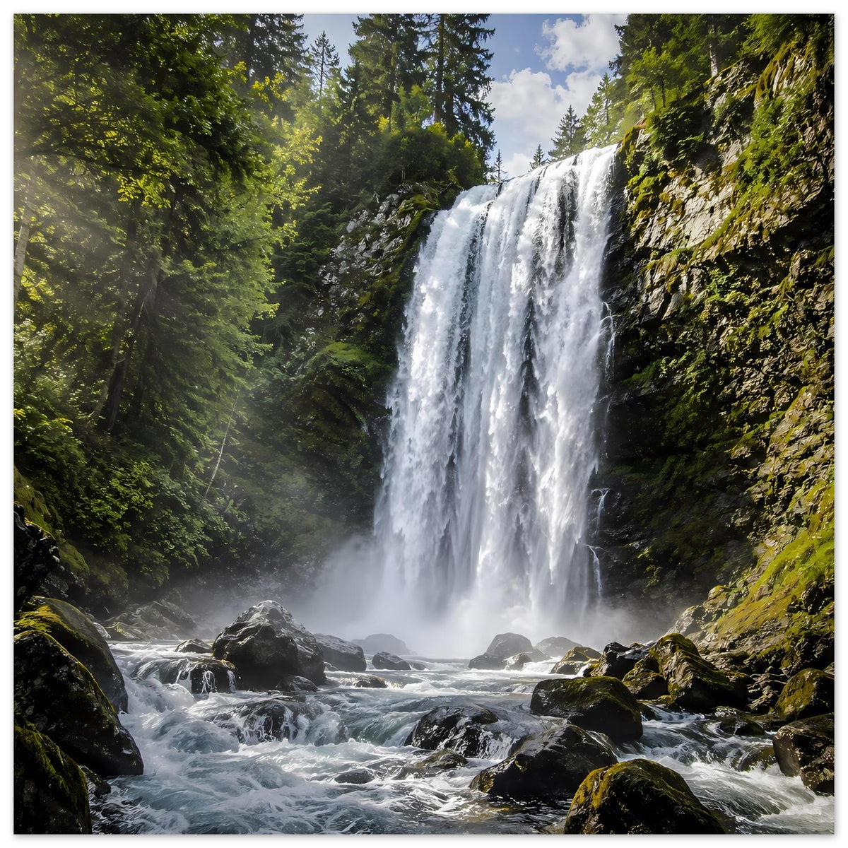 Wasserfall-Fotoposter mit großem Wasserfall und bewachsenen Felsen am Bach