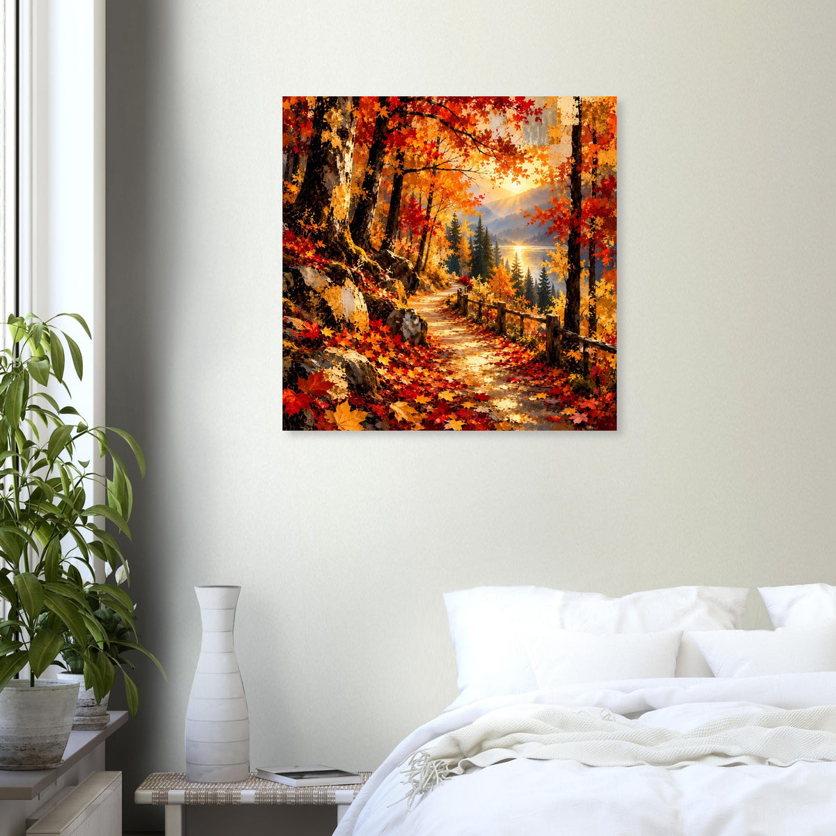 Quadratisches Wandposter mit Waldweg bei Sonnenuntergang und bunten Herbsttönen