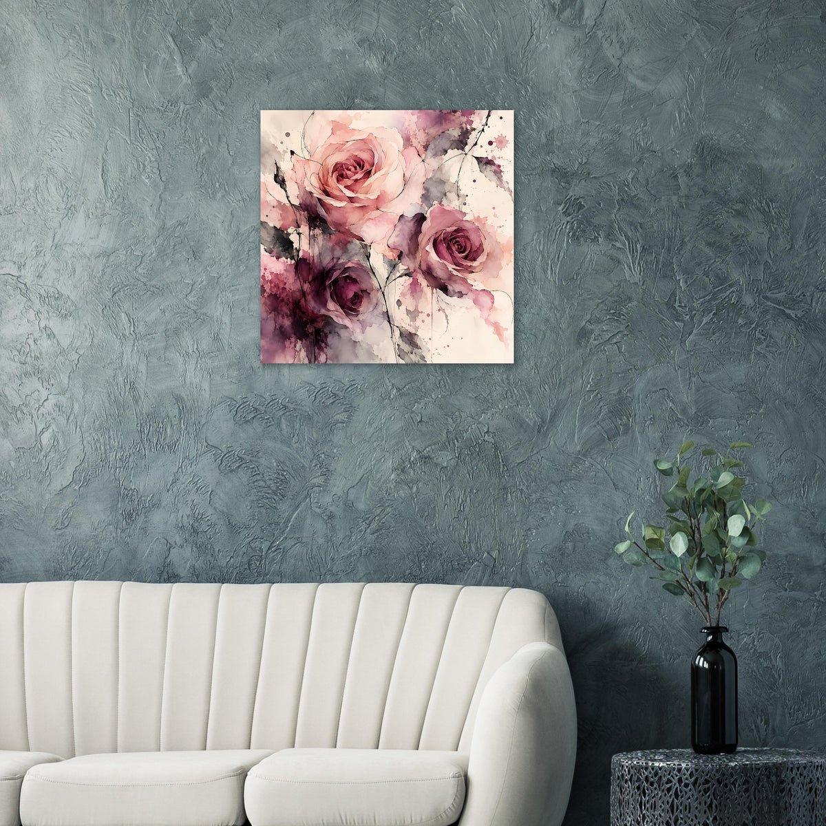 Rosen-Wandposter im Aquarelllook: rosafarbene Blüten und dunkle Lila-Töne