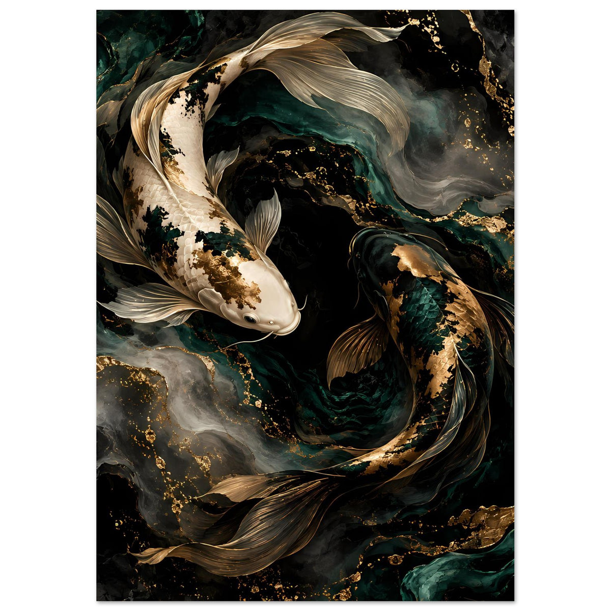 Kunstposter mit Koi-Fischen in Tiefgrün und Gold, dynamische geschwungene Flossen