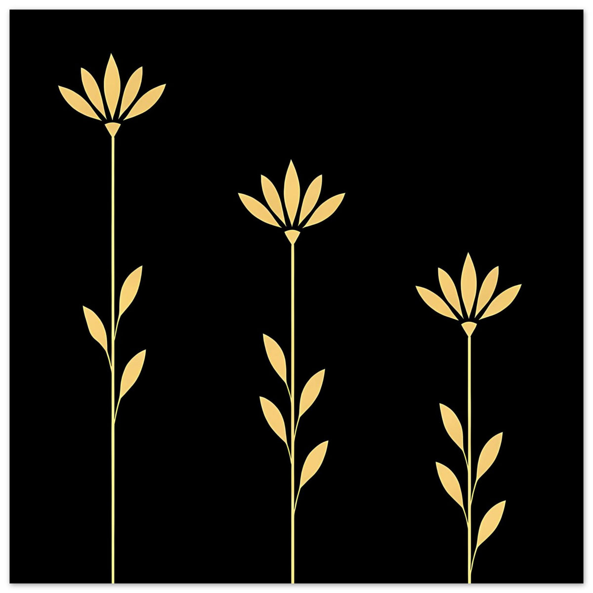 Großformatiges Poster mit drei goldenen Blumenstielen auf schwarzem Hintergrund